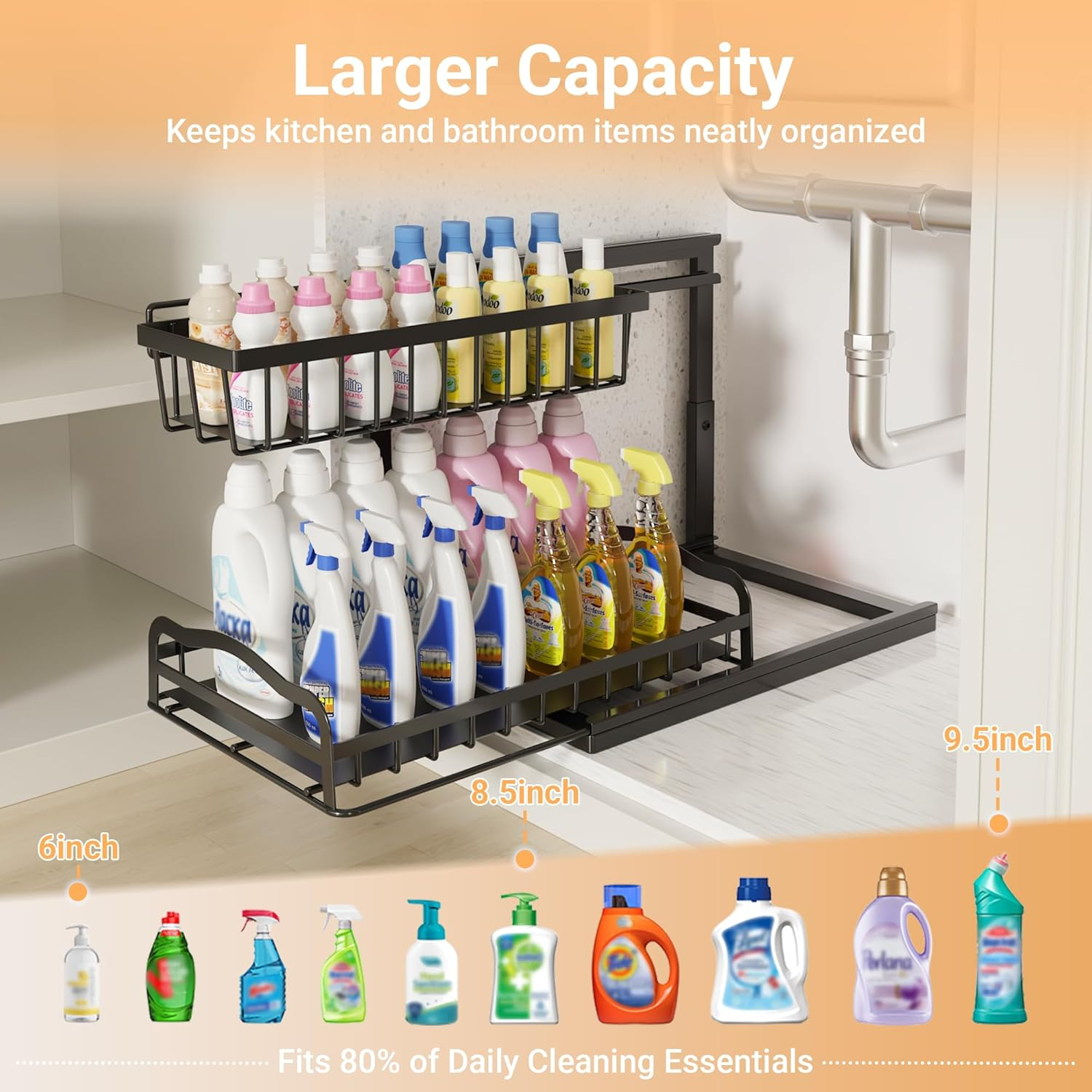 Acemining under Sink Organizer, 2 Pack Pull-Out under Cabinet Organizer, 2 Tier under Sink Storage with Sliding Basket, L-Shaped and Adjustable Height Design for Kitchen and Bathroom image number 3