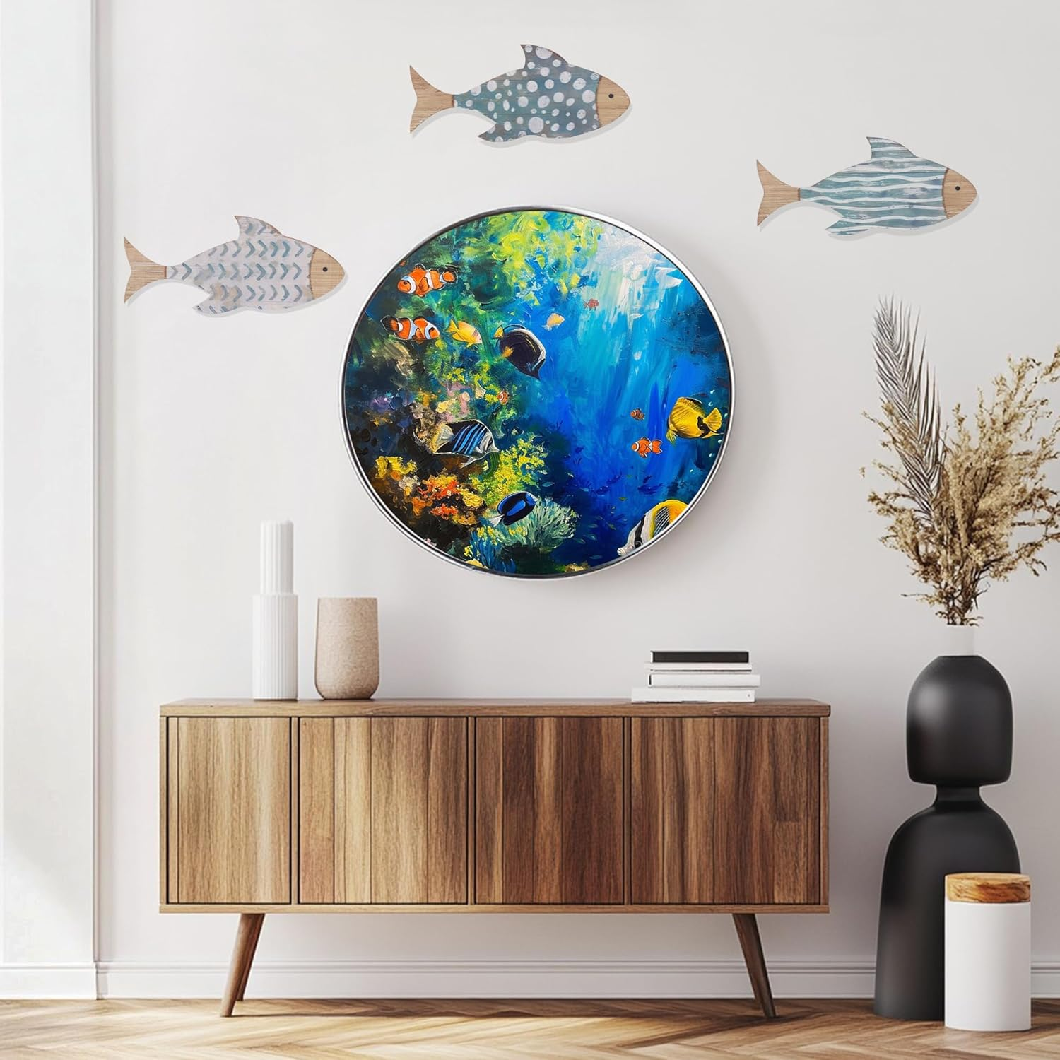 3 PCS Wooden Fish Coastal Decor Set, Beach Themed Room Decor, Vintage Lake House Decor, Nautical Ocean Fish Wall Art for Home Bathroom Living Room