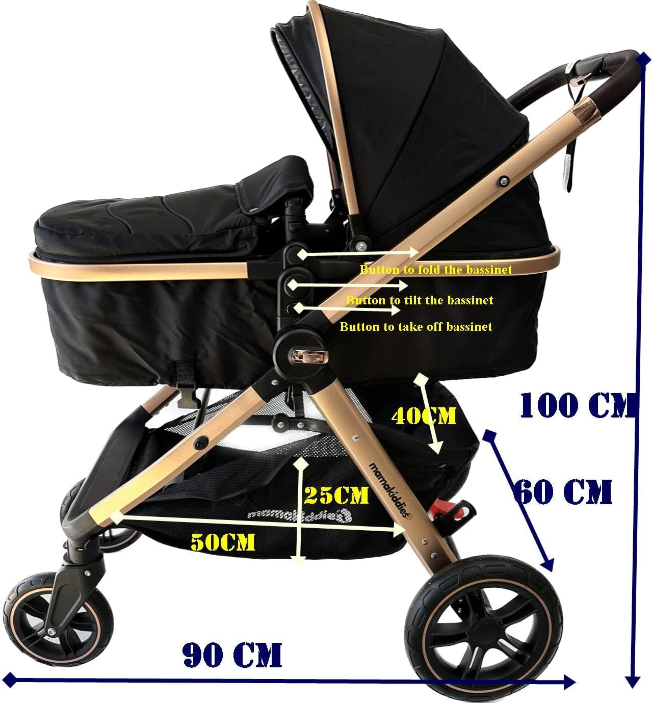Mama Kiddies Pacto City Black Compact Convertible 2In1 Aluminium Alloy Pram Stroller Bassinet image number 6