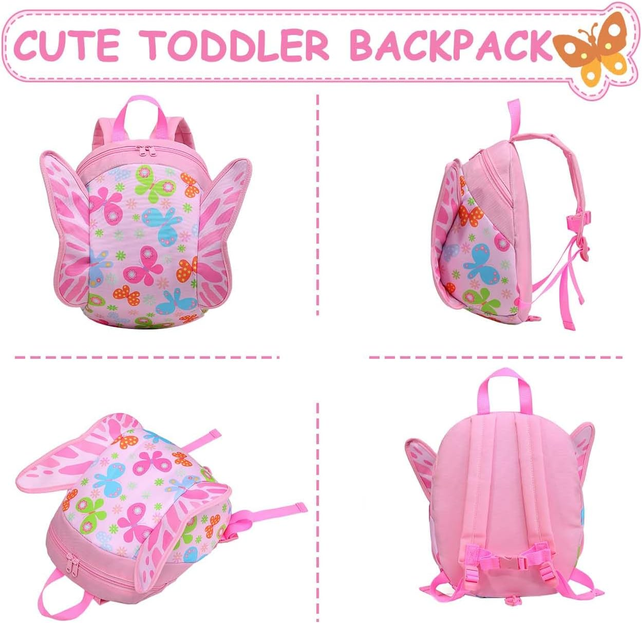 Mini Toddler Backpack with Leash,Vaschy Ultra Lightweight Tiny Little Kids Preschool Backpack Daycare School Bags for Boys,Grils - Butterflies image number 1