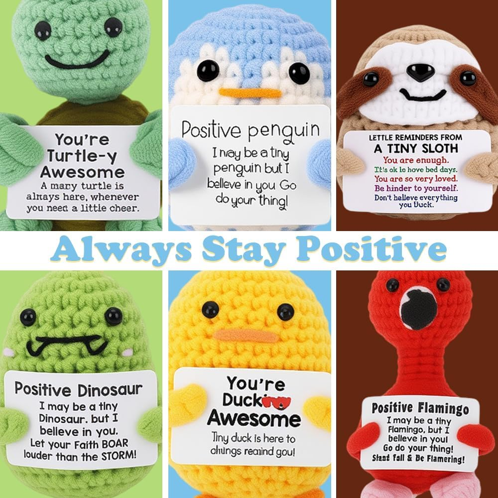 Fayrvind 6 Pcs Emotional Support Positive Crochet Animal Doll Cute Stuff Desk Accessories Birthday Gifts for Women Thank You Gift (Turtle, Duck, Dinosaur, Sloth, Flamingo, Penguin) image number 2