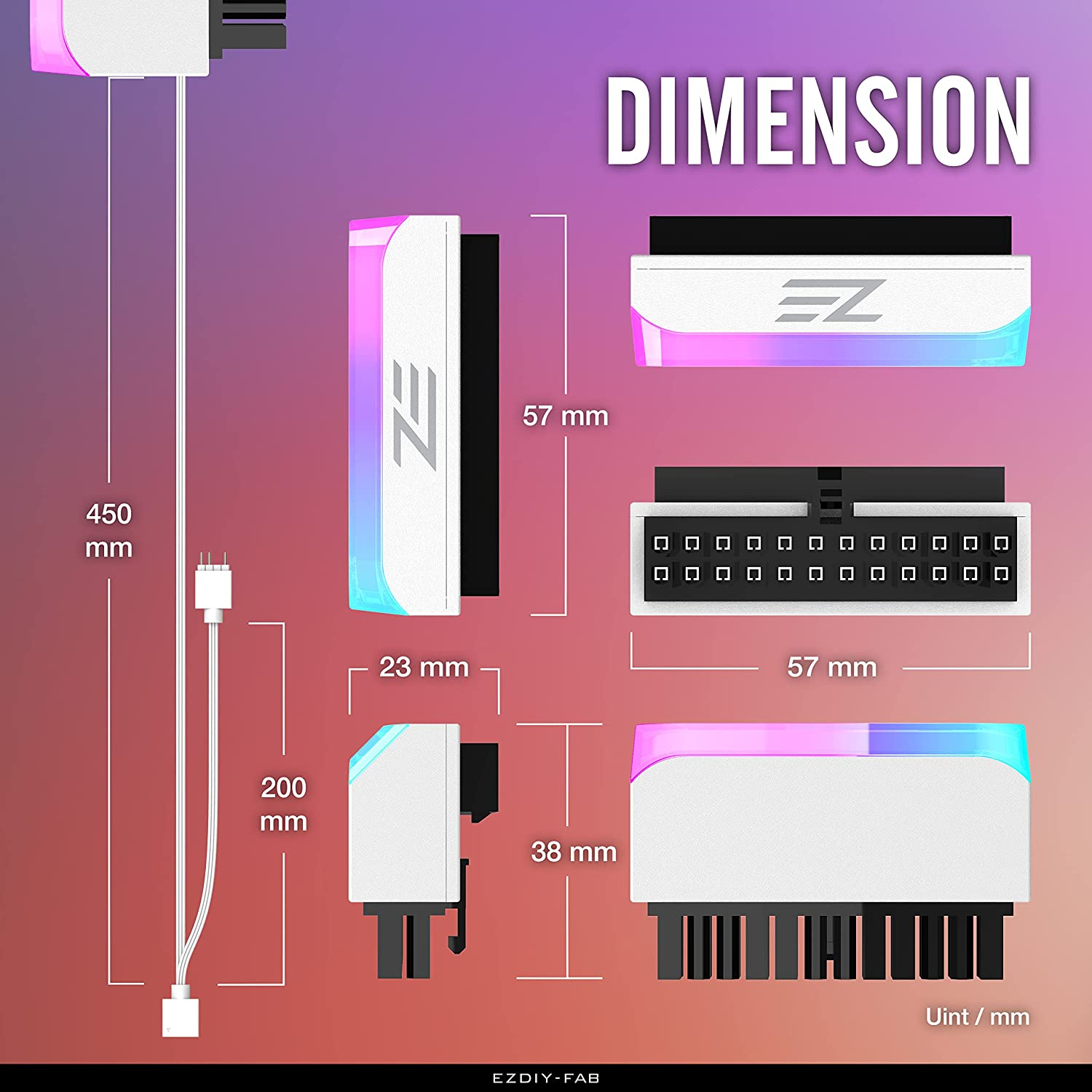 EZDIY-FAB ATX 24-Pin 90 Degree Power Connector Adapter 5V 3 Pin ARGB Rainbow Female to Male Power Adapter for Computer Motherboard ATX Power Supply- White-1 Pack image number 6