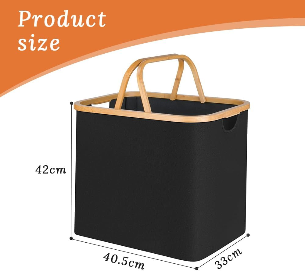 Foldable Laundry Basket with Wooden Handle, Home Dirty Laundry Hamper, Multi-Function Storage Basket for Toys, Blankets and Clothes, Suitable for Living Room, Bathroom, Laundry Room, Etc. (Black) image number 4