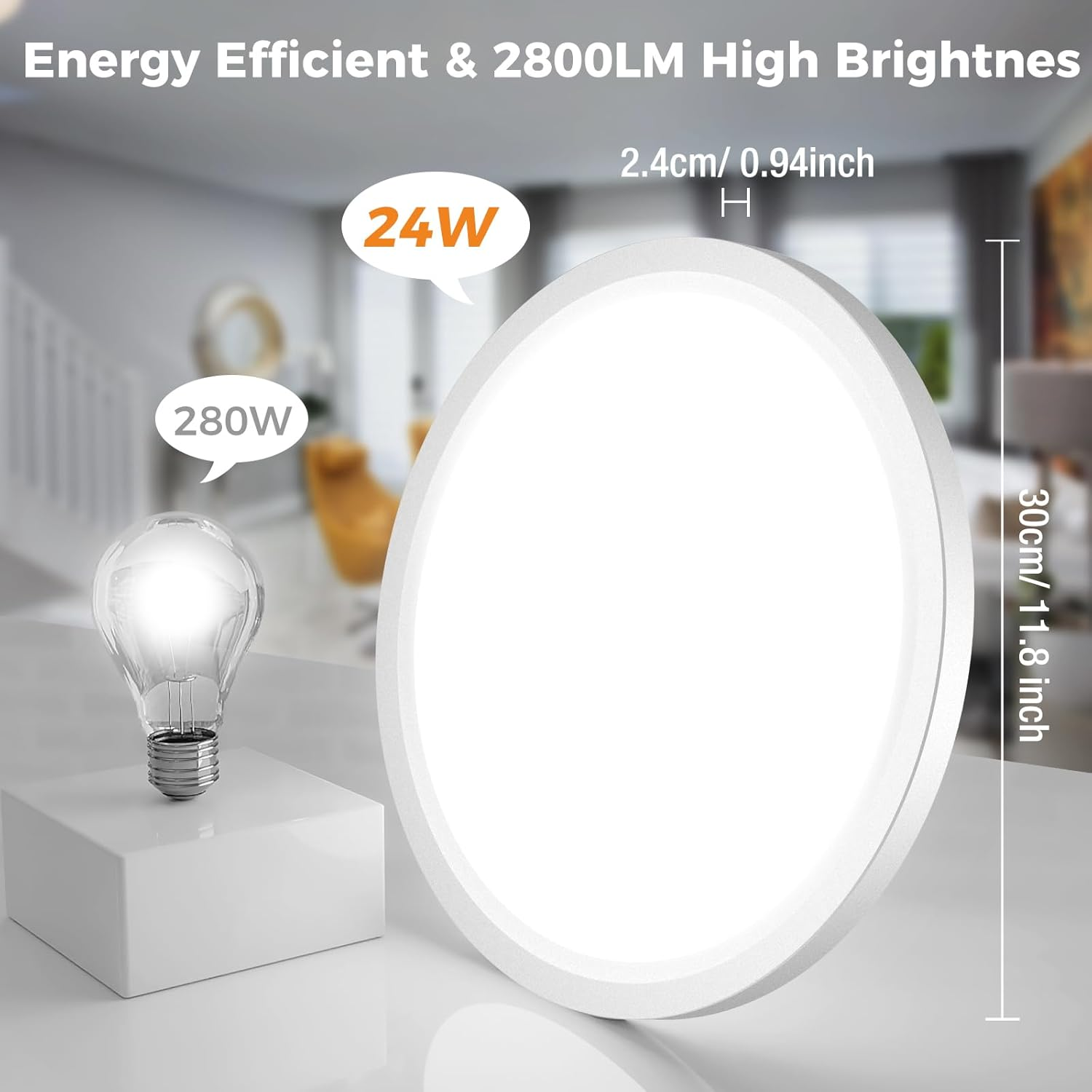 Slochi 24W 3000K/4000K/6500K LED Ceiling Light, 2800LM IP54 Waterproof, White, 30Cm Diameter, Suitable for Kitchen, Bedroom, Living Room