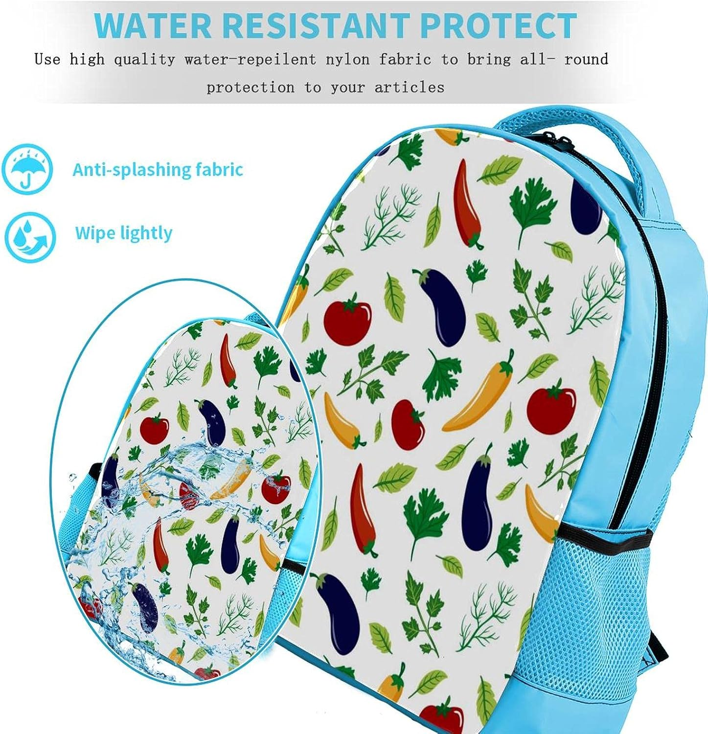 Blue Backpack Boy Bookbags Rucksack Men Travel Handbag Daypack Vegetables Eggplant Tomato Hot Pepper Leaves image number 1