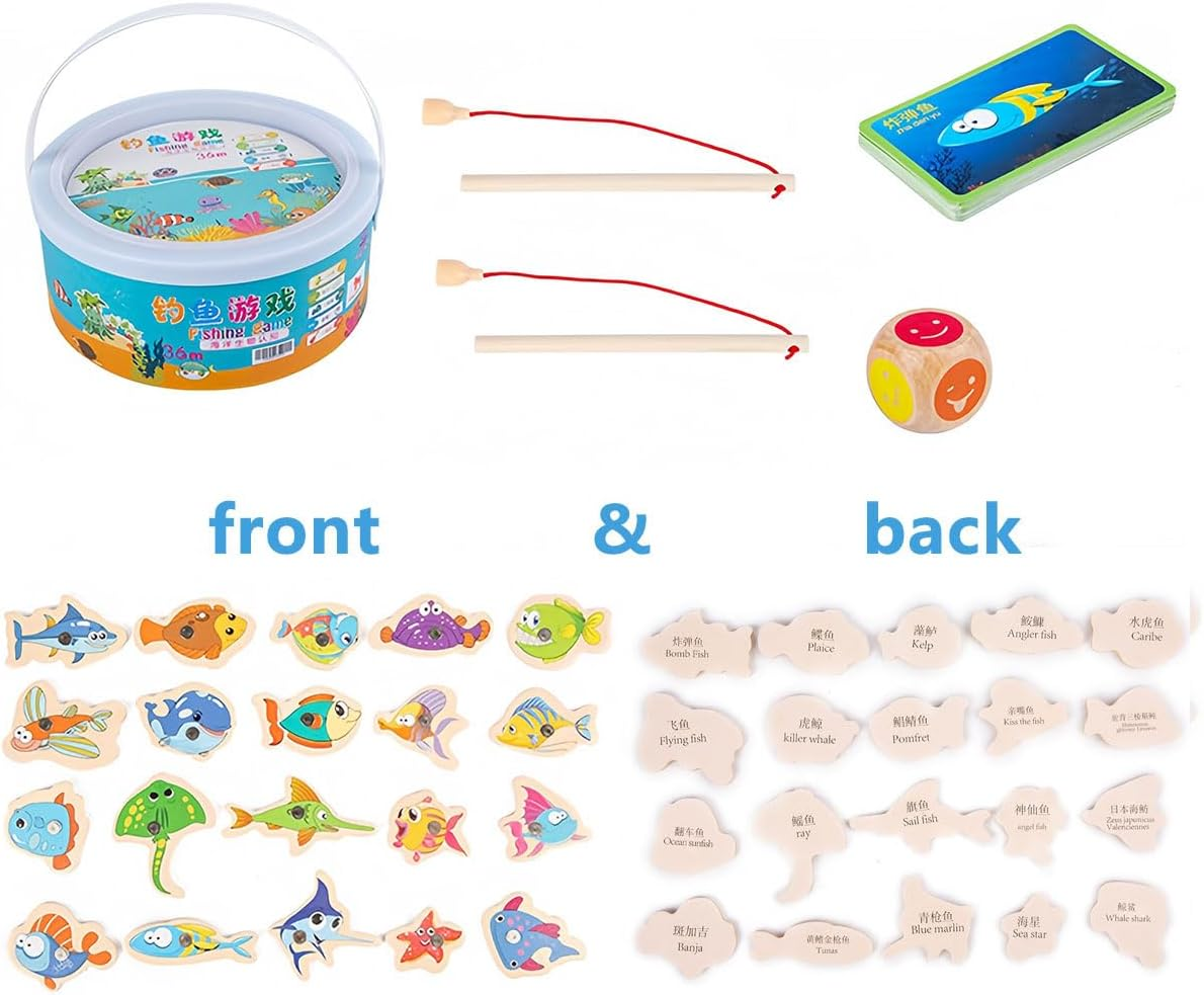 44 Pieces Magnetic Fishing Game for Kids Wooden Magnet Fishing Game Wooden Magnetic Toys for Kindergarten Preschool Girl Boy image number 2