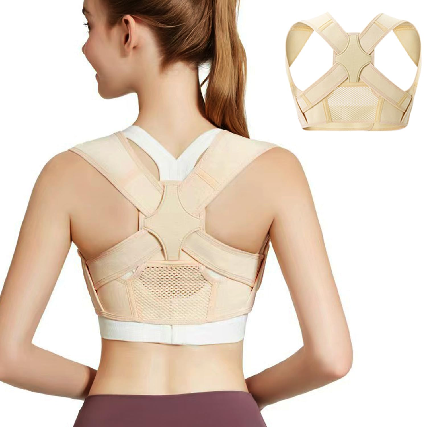 Posture Corrector for Women & Men &ndash; Adjustable Back Brace for Shoulder Support, Pain Relief & Posture Improvement &ndash; Breathable Design for Sitting, Work, Daily Use (Beige, S/M(Waist 78-87Cm)) image number 2