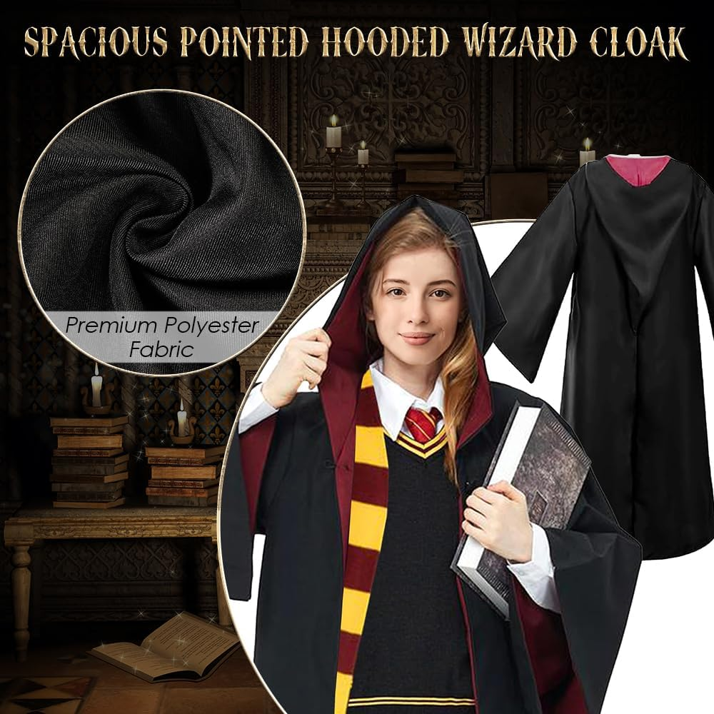 AUTOWT Unisex Wizard Cloak Costume Set for Adults, 6Pc Magician Wizarding Robe Outfits with Hooded Cape Magic Hat Wand Scarf Glasses Tie Movie Dress up Accessory for School Carnival Halloween Cosplay image number 3
