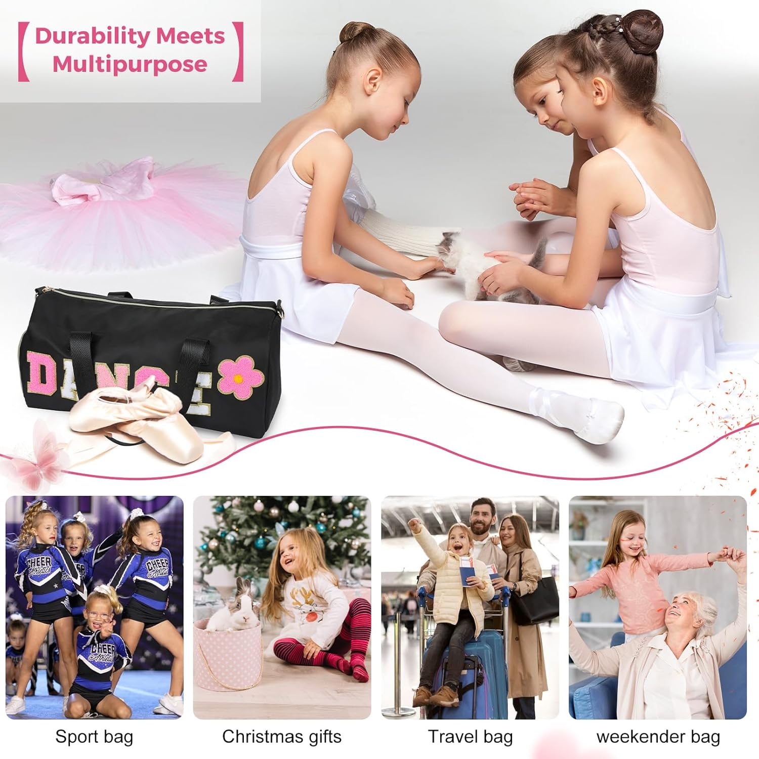 Dance Bag for Girls KUIRAN Small Gym Bag for Women Duffel Bag Weekender Duffel Bag 23L Capacity Workout Chenille Letter Bag for Dancers, Girls, Teens, Student Athletes, Black/Shoe Compartment, 15"Lx10 - Black image number 2