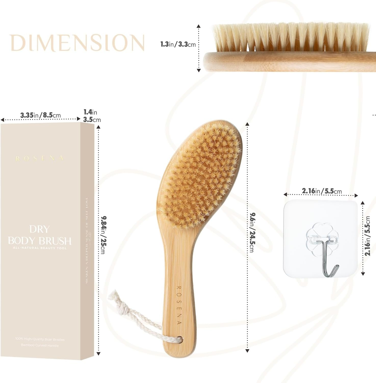 ROSENA Dry Brushing Body Brush with Curved Handle - Dry Brush Natural Boar Bristles, Bamboo, Ergonomic Design for Exfoliating & Lymphatic Drainage, Sustainable Materials image number 4