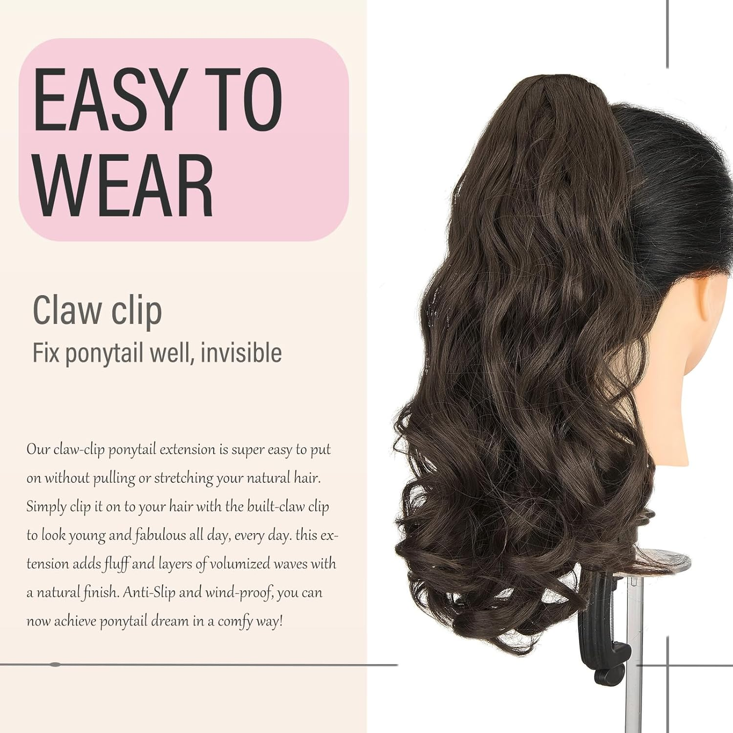 Dcbaboo Claw Clip in Ponytail Hair Extensions Long Wavy 18Inch Ponytail Extension Curly Wave Synthetic Jaw on Pony Tails Natural Hairpiece Fake Ponytail for Women, Medium Brown image number 6