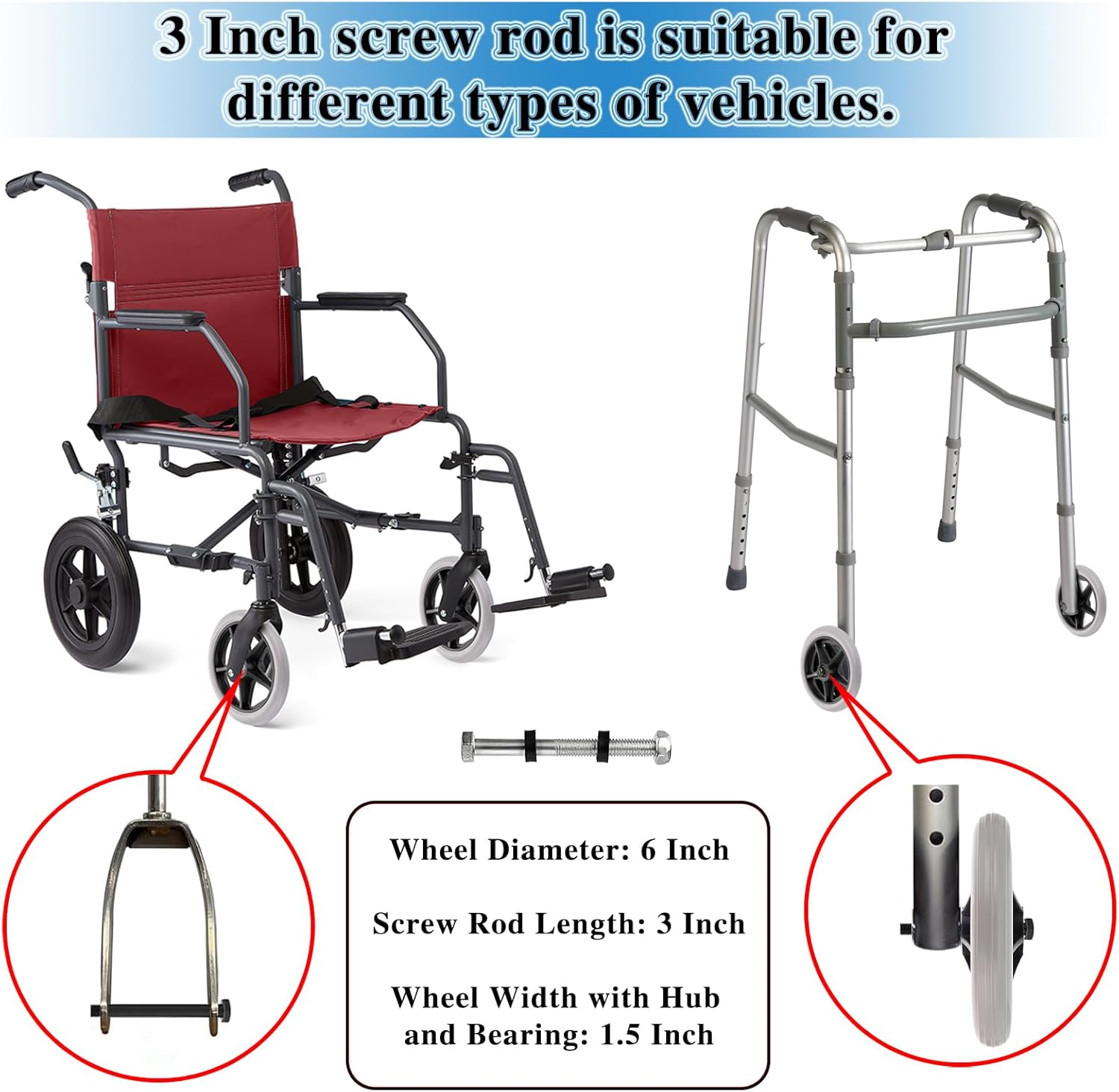 Ownmy 2PCS of 6 Inch Rubber Wheel Replacement Wheelchair Front Wheels Rollator Walker Anti-Slip Replacement Casters Rollers Wheels Universal Wheelchair Replacement Wheel Accessories, Grey image number 2