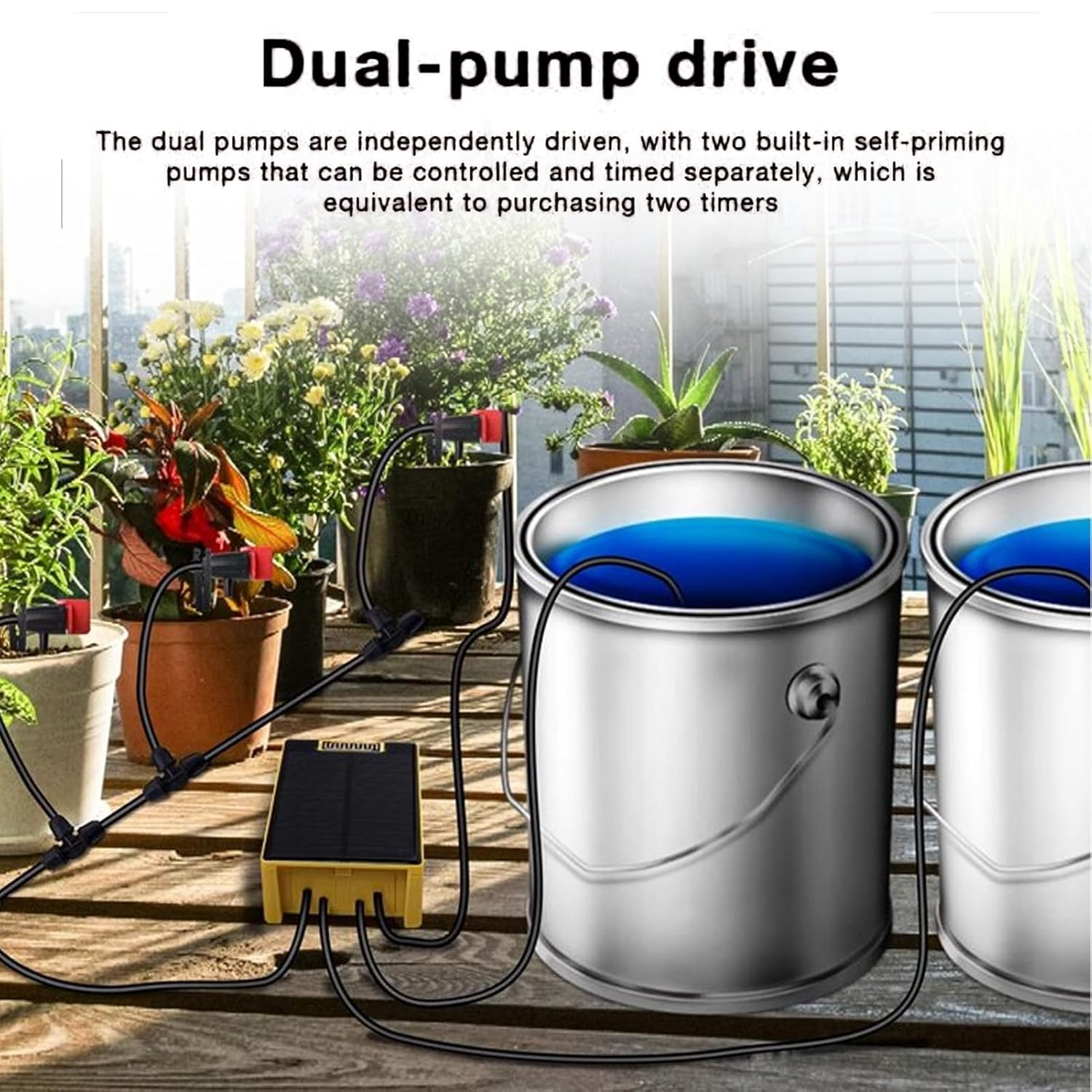 Diyeeni Solar Dual Pump Watering Device, 2000Mah Li Battery, with Rain Delay Function for Landscape Garden Greenhouse,Usb Port Indoor Irrigation Kit Intelligent Timing image number 4
