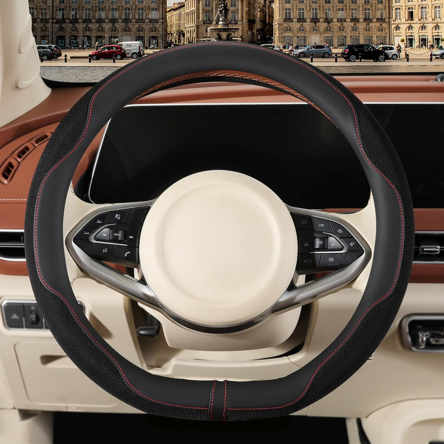 Binsheo Nappa Leather Pink Steering Wheel Cover, Advanced Microfiber Leather Non-Slip Breathable Fabric, Warm in Winter and Cool in Summer, Universal 15 Inch