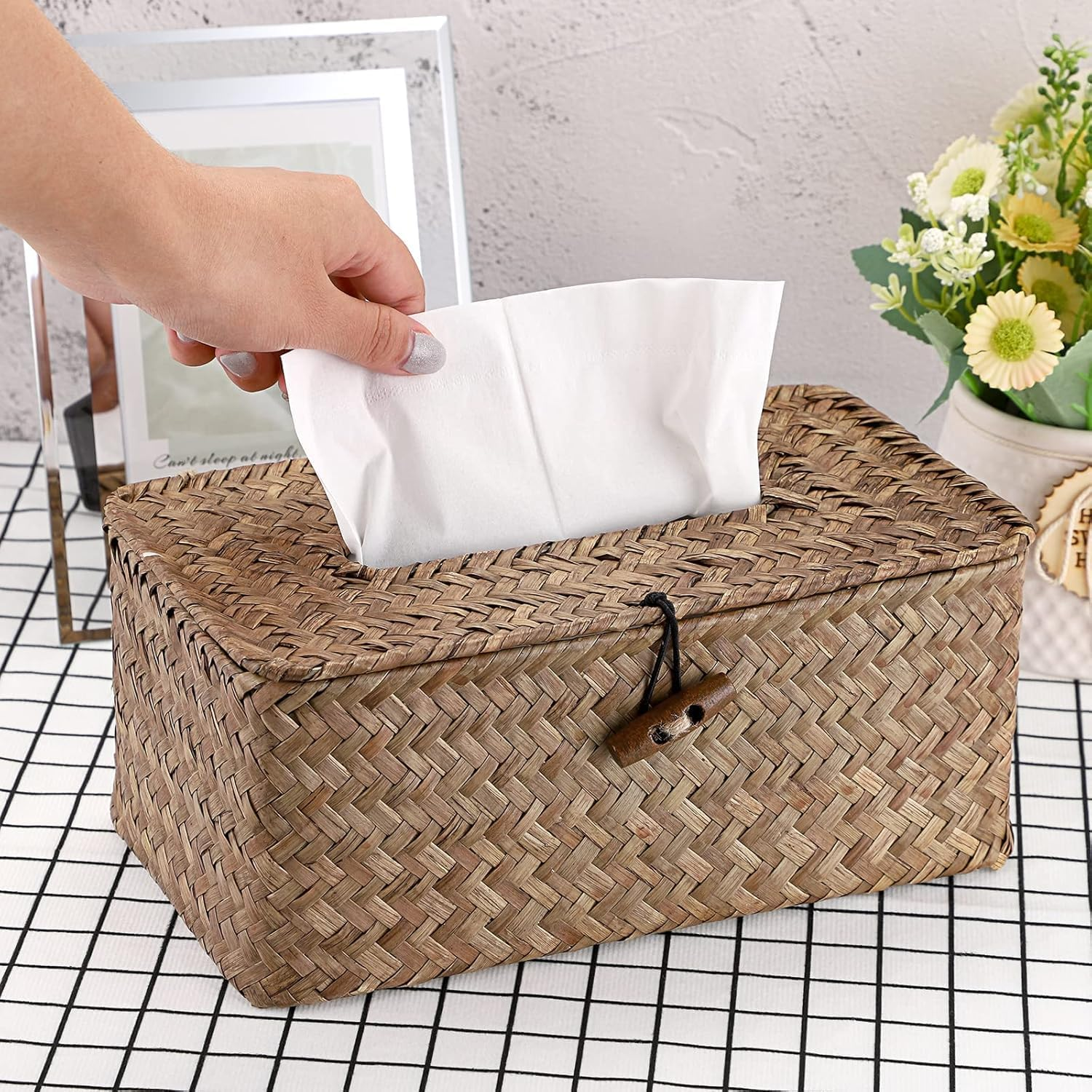 Rectangular Woven Tissue Box Cover, Decorative Paper Napkin Dispenser, Facial Tissue Holder for Home, Office, Car, Table D&eacute;cor (Coffee) - Coffee image number 3