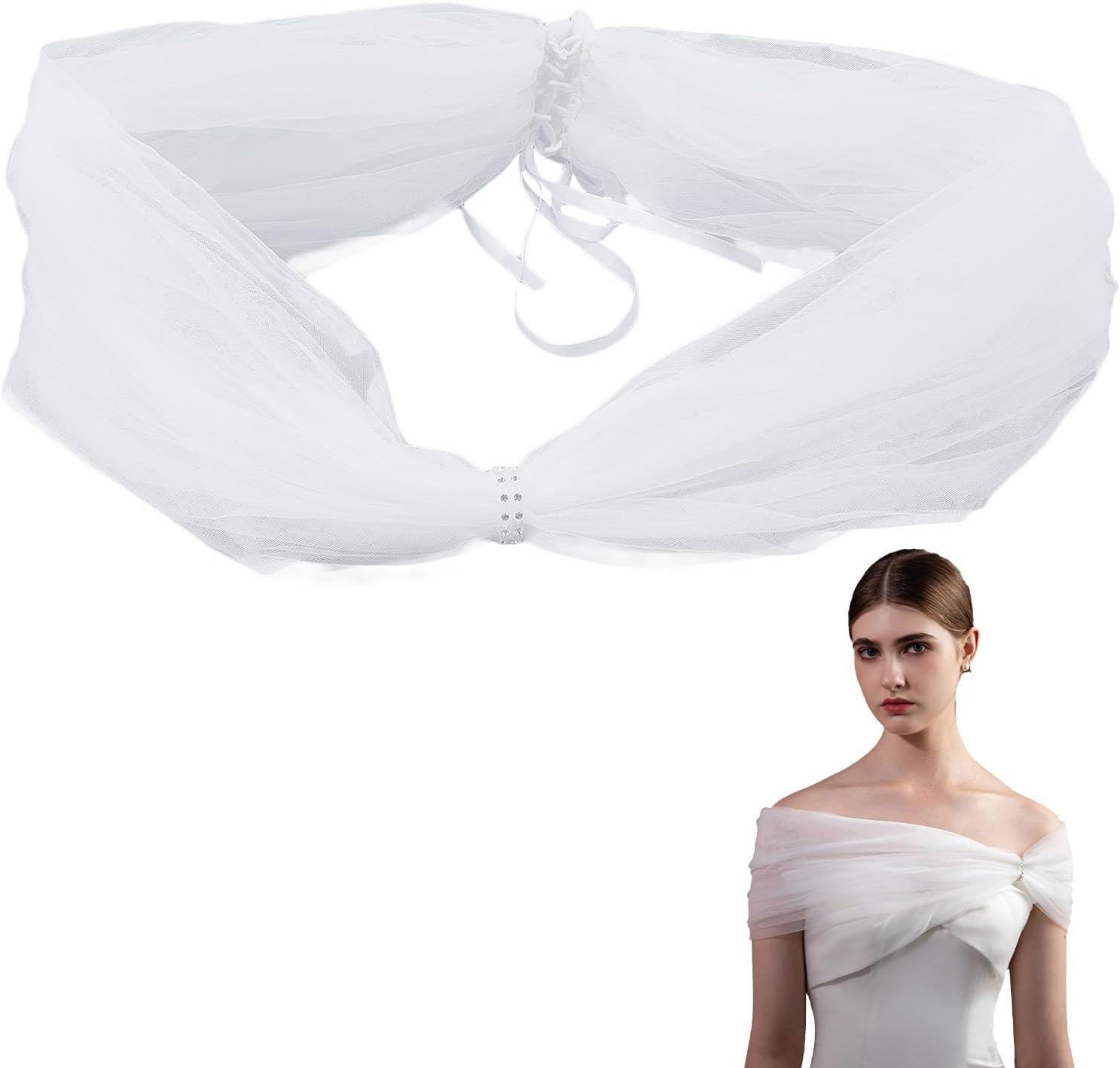 NICENEEDED Removable Tulle Bridal Scarf White Wedding Straps Puff Dress Scarf Sleeve Scarves Removable Shoulder Cover up Accessory for Wedding Costumes image number 3