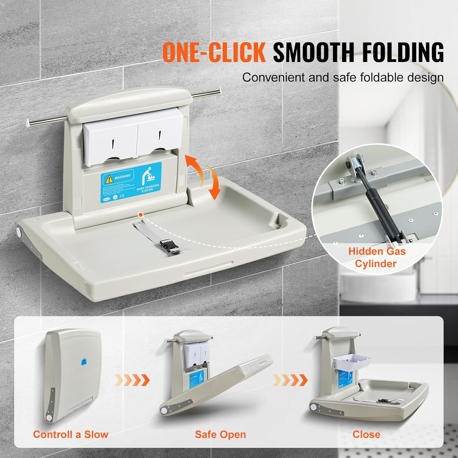 VEVOR Wall-Mounted Baby Changing Station, Horizontal Foldable Diaper Change Table with Safety Straps and Hanging Rods, Use in Commercial Bathrooms, Daycare Centers for Newborns & Infant image number 3