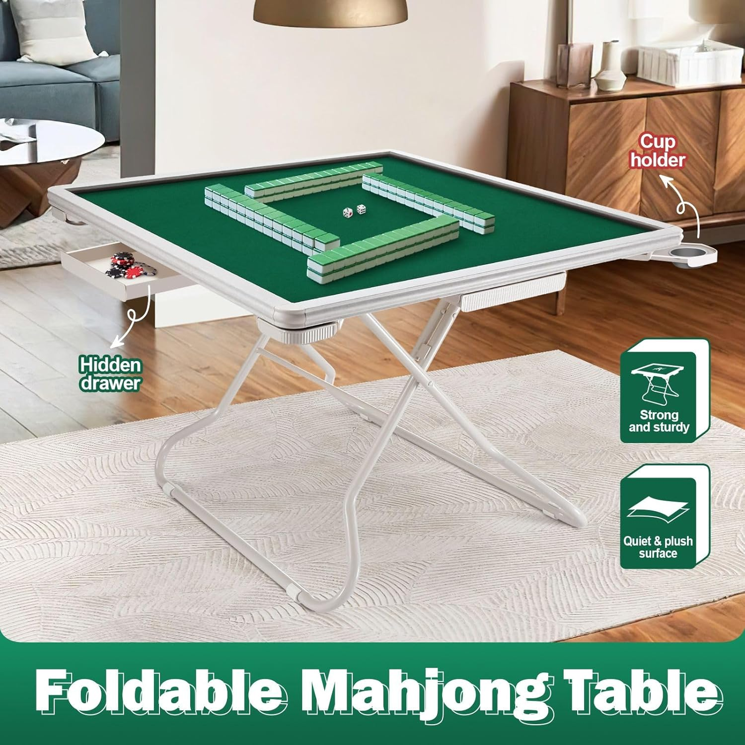 GENKI Mahjong Table,Card Tables Folding Square Game Table with 4 Cup Holders & 4 Drawers for 4 People, Wear-Resistant Desktop Majiang Table for Poker Cards, Mahjong, Board Games image number 1