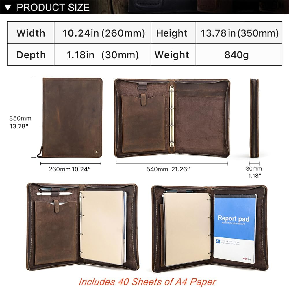 Contacts Full Grain Leather Portfolio 4 Ring Binder Professional A4 Notebook Folder Zipper Binder Organizer with 11" Ipad Pocket, 40 Sheets of A4 Paper image number 6