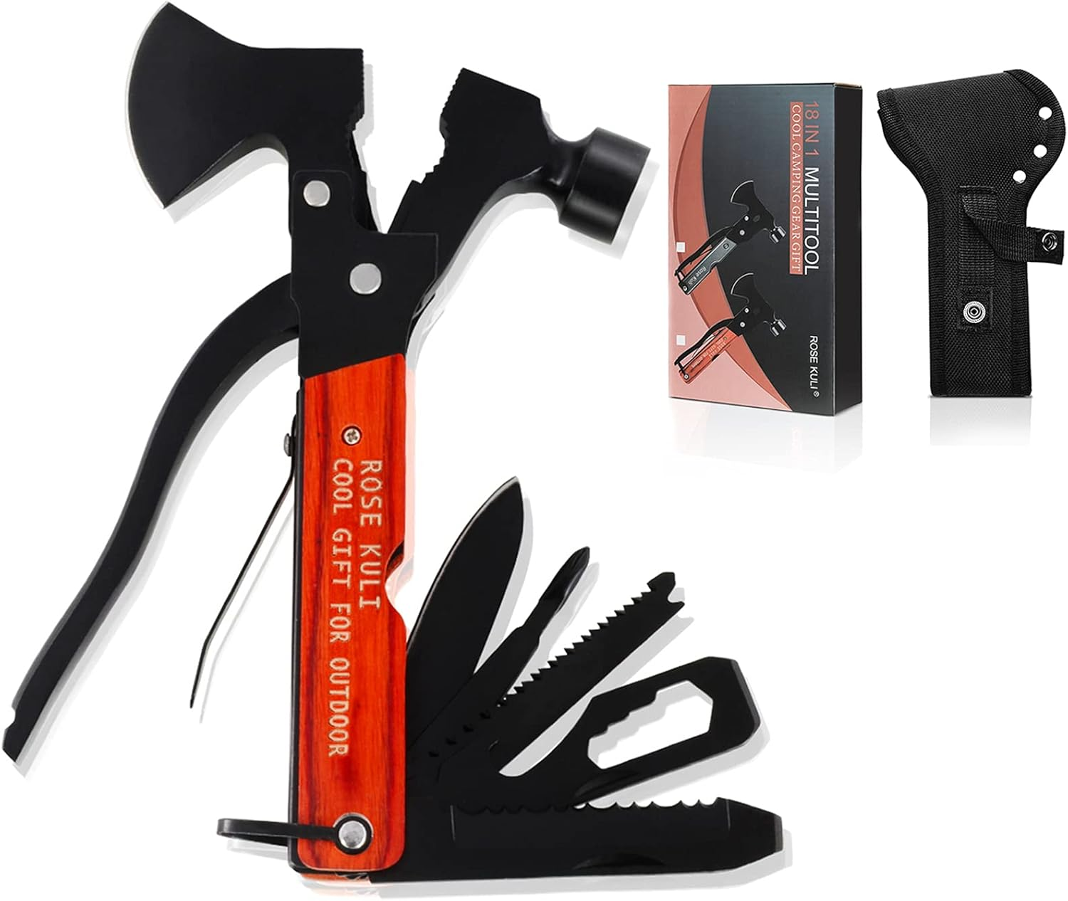 Rose Kuli 7'' Portable Multipurpose Multitool Multifunctional Pocket Mini Tools with Axe Hammer Plier Set Wooden Handle