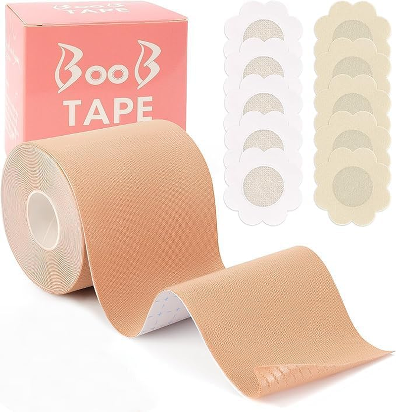 Boob Tape - Breast Lift Tape, Body Tape for Breast Lift 2" X 16" W 10 Pcs Breast Petals Reusable Adhesive Bra Nipple Covers, Bob Tape for Large Breasts A-G Cup Beige image number 1