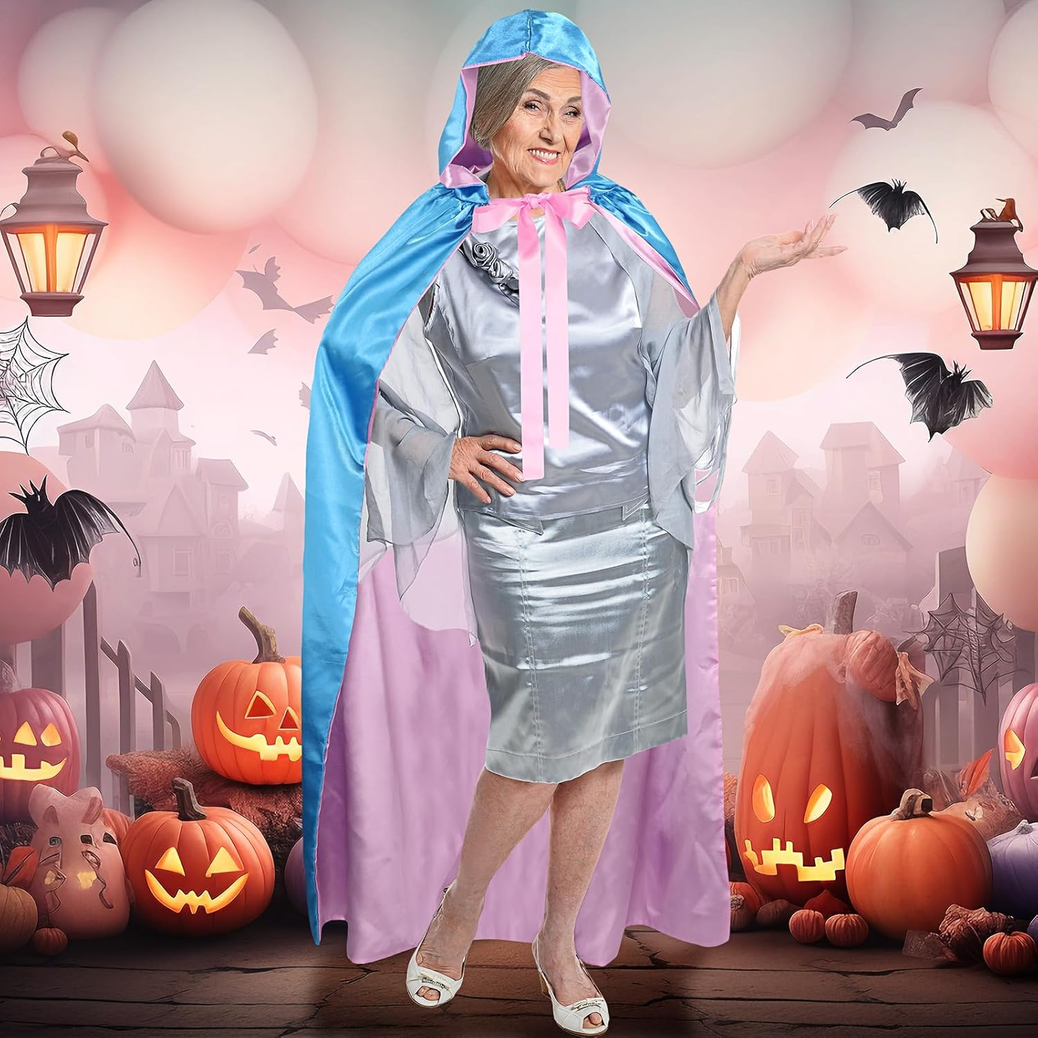 Haysandy Blue Fairy Hooded Cloak Costume, Polyester Cape Cosplay Cloak Princess Costume with Pink Ribbon for Women Girls image number 2