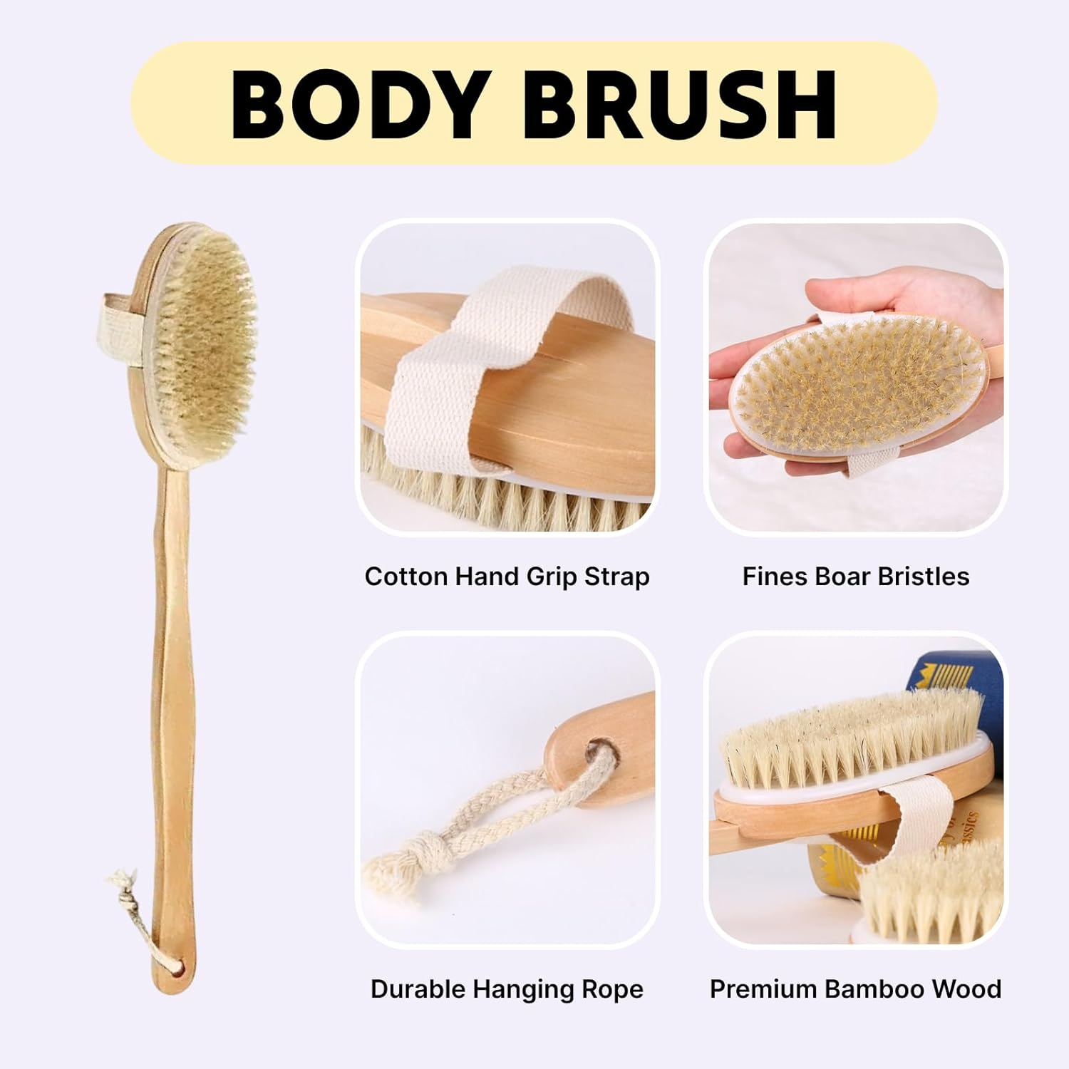 2 Pcs Premium Dry Body Brush, Facial Brush Set, Natural Boar Bristle Bamboo Exfoliator for Lymphatic Drainage, Cellulite Reduction Glowing Skin, Spa Quality Detox Kit with Detachable Handle image number 1