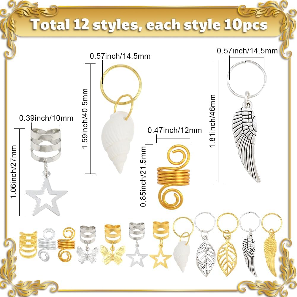 SUNNYCLUE 1 Box 120Pcs 12 Styles Hair Braid Clips Hair Braiding Decorations Metal Alloy Gold Silver Star Leaf Butterfly Shell Wing Braids Rings Jewellery for Women Wedding Graduation Birthday Decors image number 3