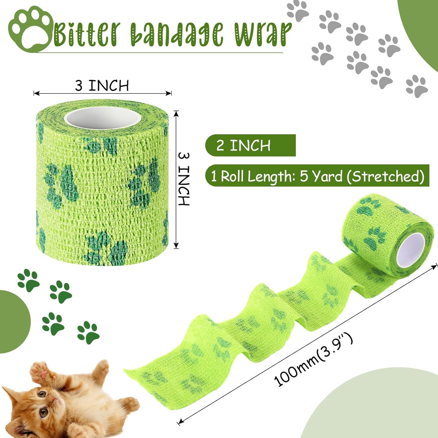 6Rolls No Chew Bandage for Dogs & Cats | Self-Adhesive Bitter Wound Wrap | 7.5Cm X 4.6M Dog Bandages for Wounds & Horse Care (Green Cat Paw) image number 4