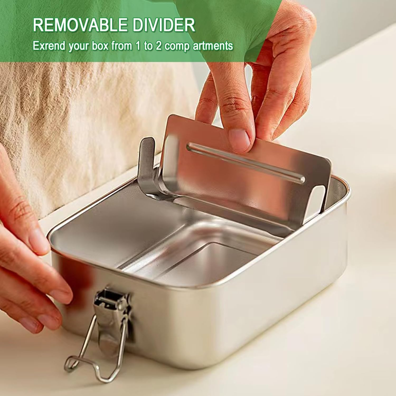 DAITET Leak-Proof Lunch Box Stainless Steel Bento Lunch Food Box Container with Removable Dividers Stainless Lid Lunch Box with Compartments Large Single Layer Rectangular Lunchbox(47Oz) image number 5