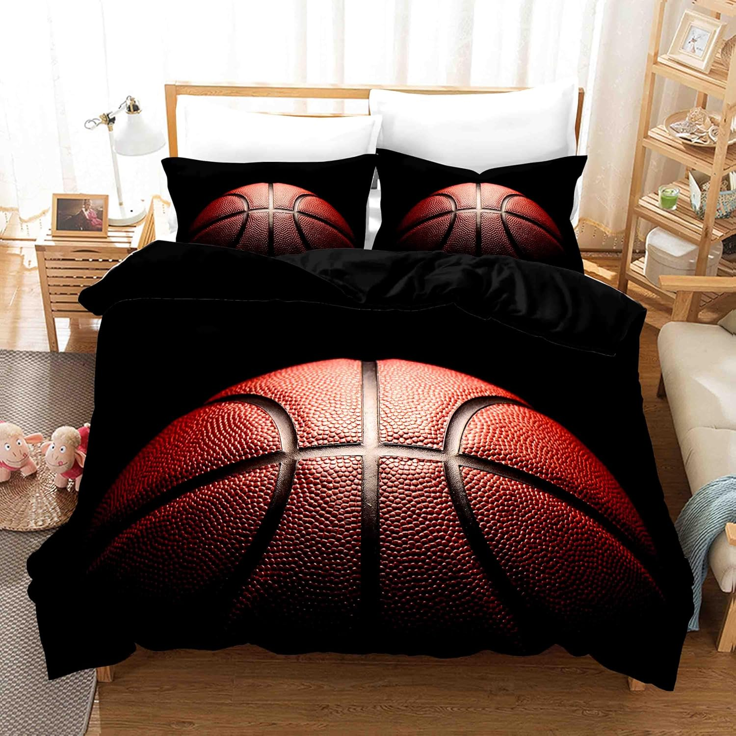 3D Black Basketball Sports Quilt Cover Set Bedding Set with Pillowcases, Single/Double/Queen/King Size (Super King)