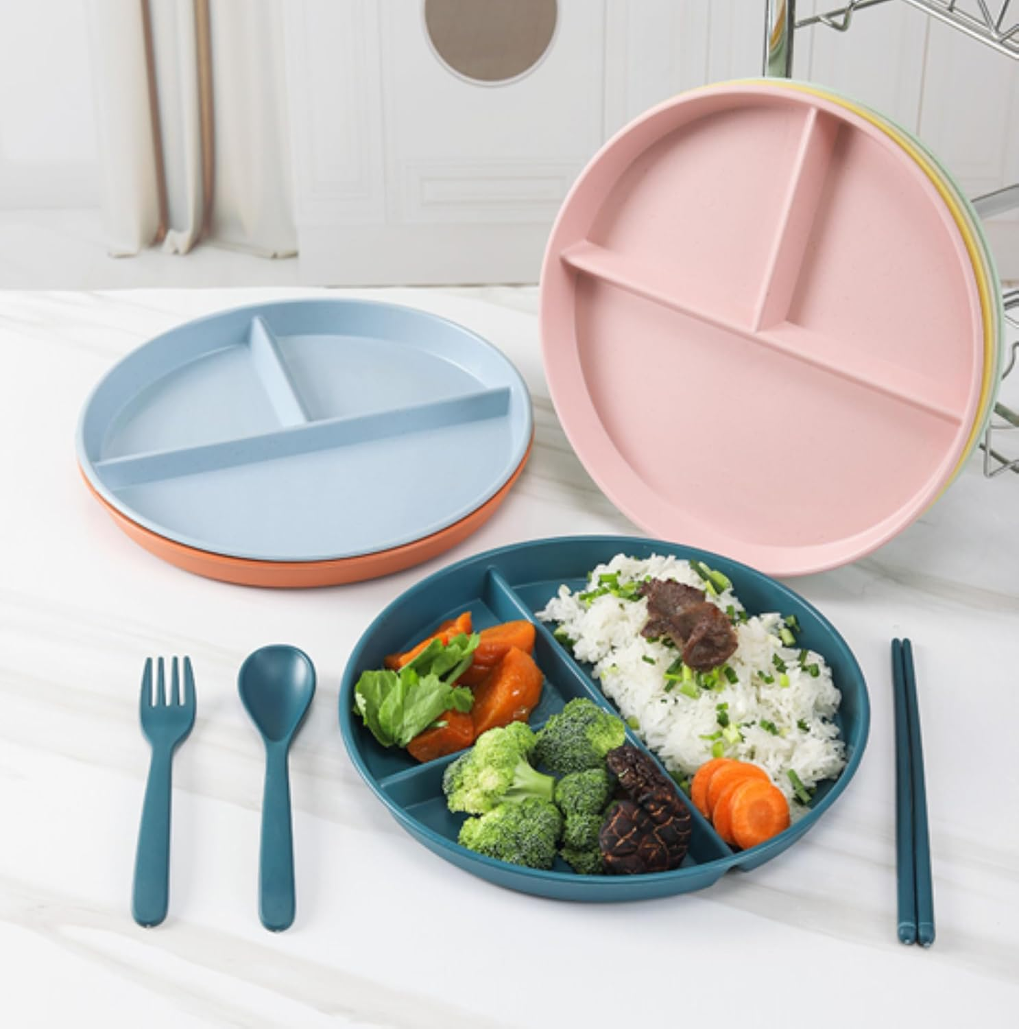 5 Pack Colorful round Divided Dinner Plate,Ideal for Weight Loss, Meal Prep, and Kids, Durable, and Microwave Safe (5, Dark Green, Blue, Green, Pink, Beige)