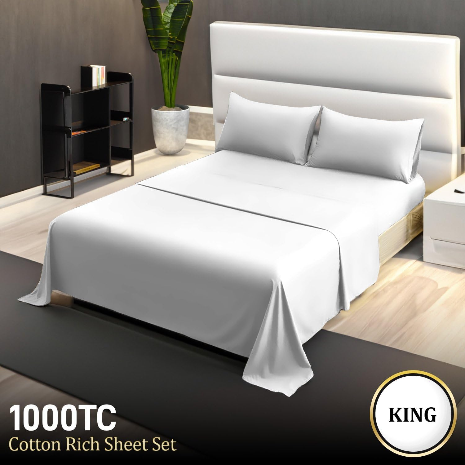 4Pc 1000 Thread Count Cotton Rich King Bed Sheet Set CVC Microfibre Blend in White image number 5