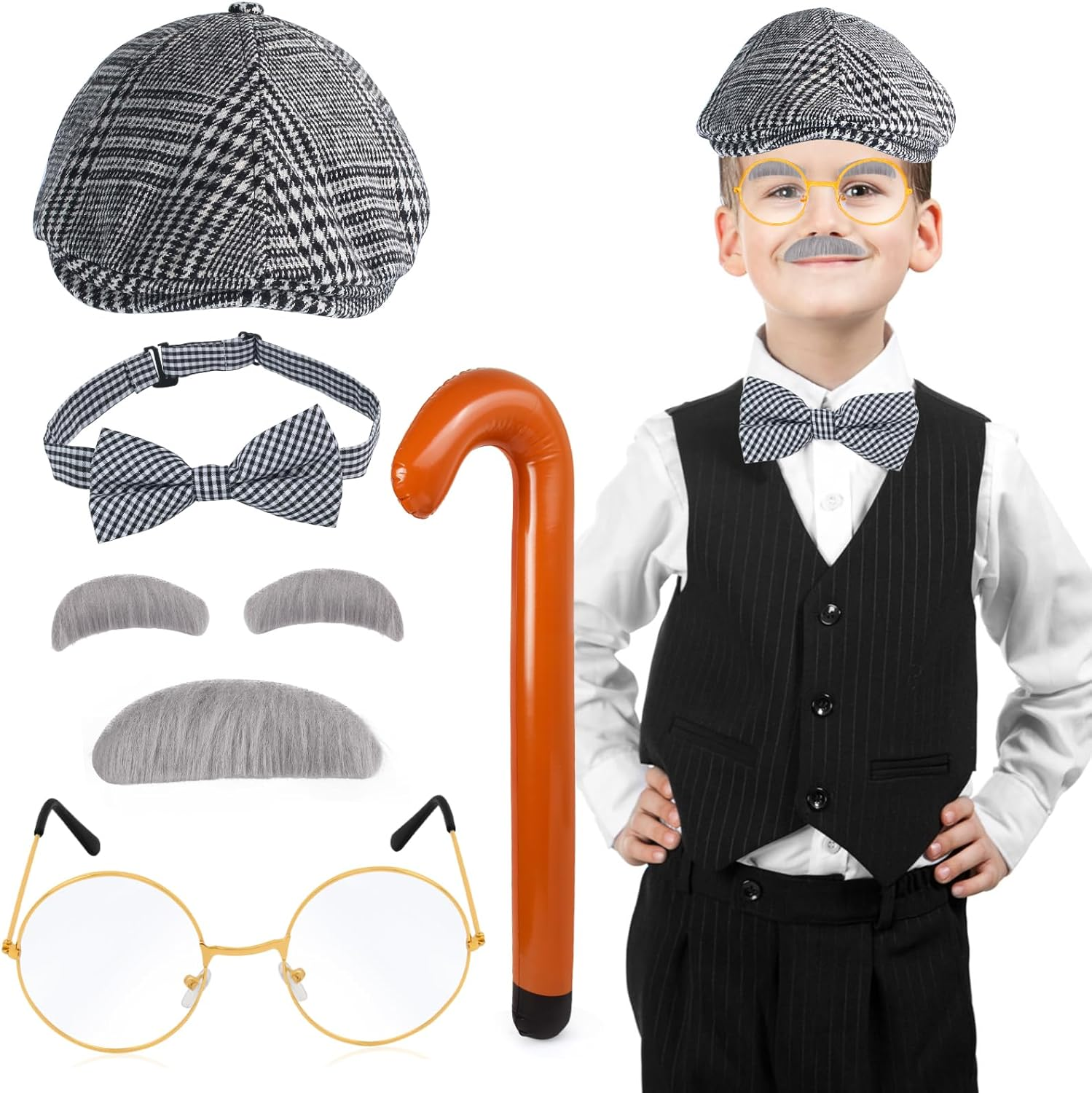 Yewong Kids Old Man Costume Beret Hat Mustache Eyebrows Inflatable Cane Glasses Bowite Grandpa 100 Days of School Cosplay