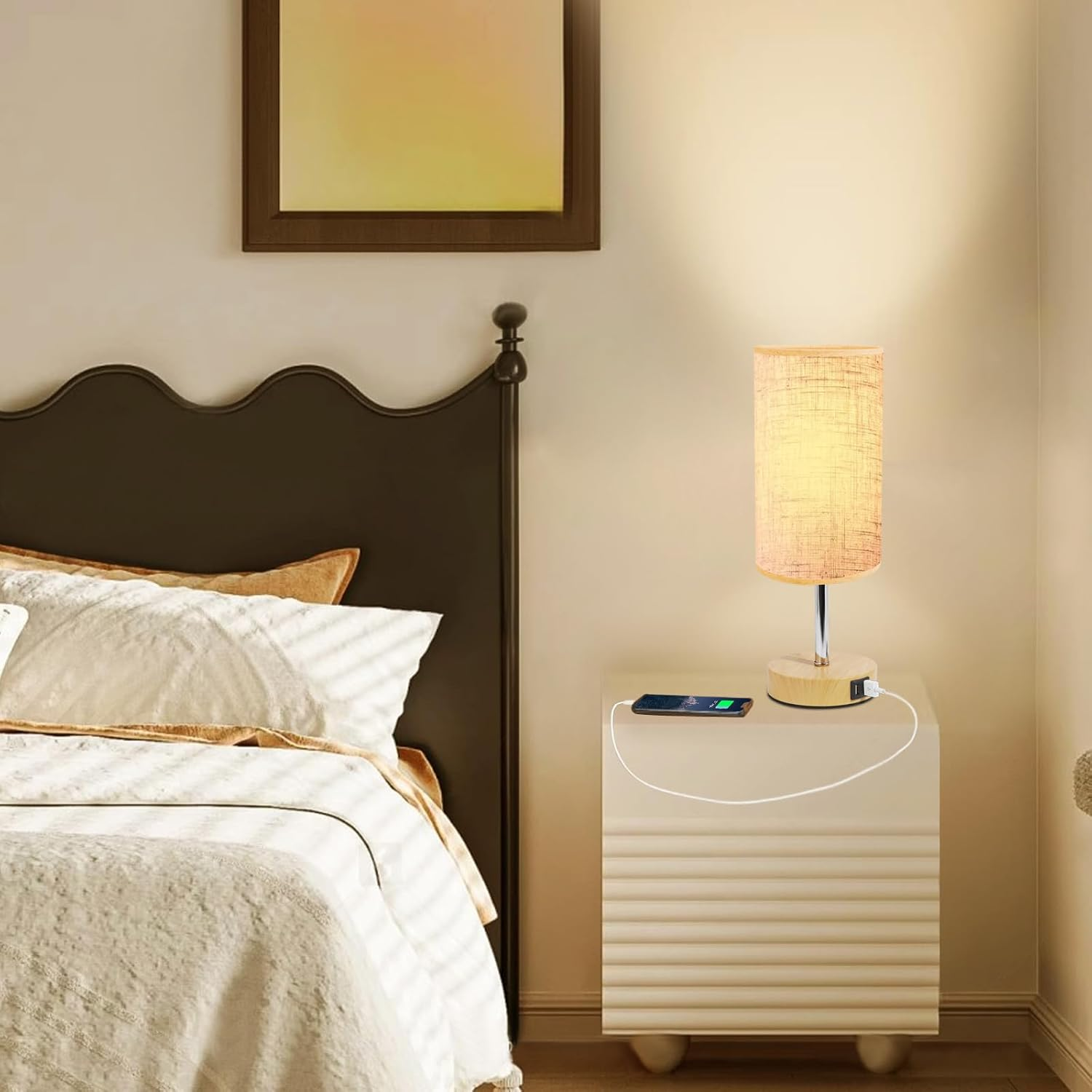 Bedside Table Lamp for Bedroom 3 Way Dimmable Touch Desk Lamp USB Charging Ports Small Lamp Wood Base round Flaxen Fabric Shade for Living Room, Desk, LED Bulb Included image number 5