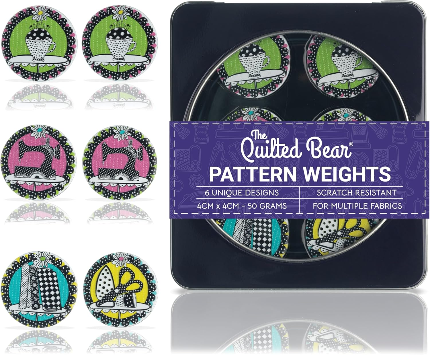 The Quilted Bear Pattern Weights Set of 6X40Mm - Scratch Resistant Paper Weights/Pattern Weights for Sewing, Dressmaking or Cutting Fabric (TQB - Donuts)