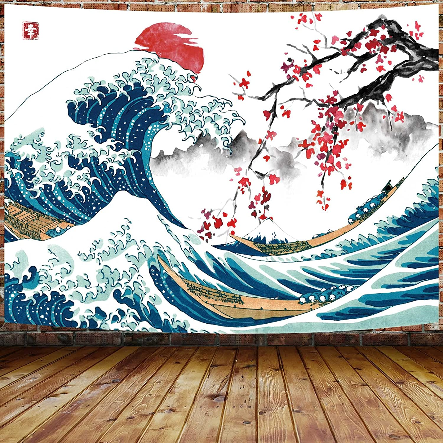 MERCHR Japanese Wave Wall Tapestry, Cool Ocean Wave Decoration, Asian Anime Mount Red Sun Cherry Blossom - 60X40 Inches