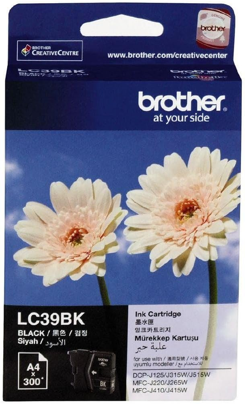 Brother Genuine LC39BK Ink Cartridge, Black, Page Yield up to 300 Pages, (LC-39BK) for Use With: MFC-J220, MFC-J265W, MFC-J415W