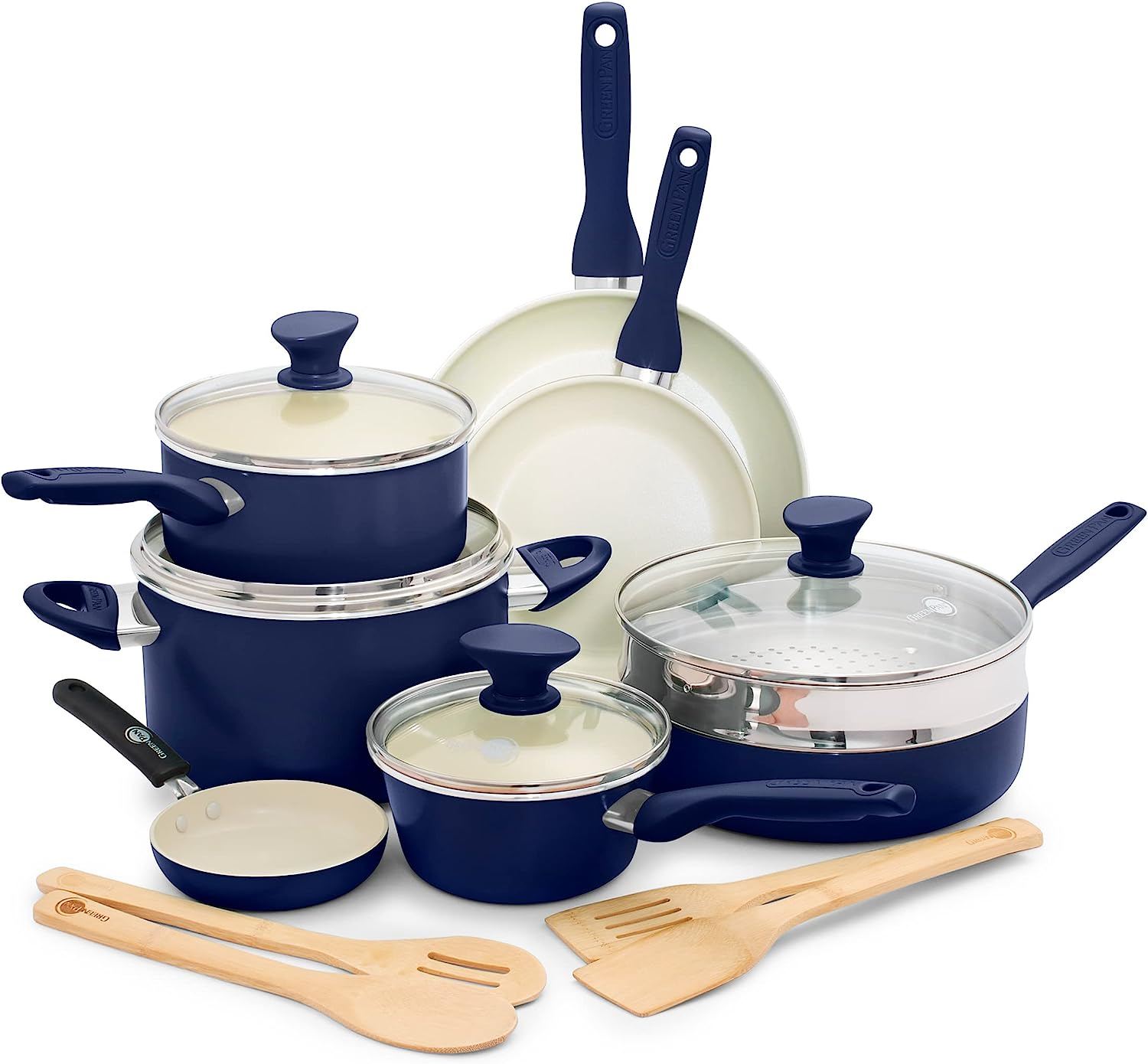 Greenpan Rio Hard Anodized Healthy Ceramic Nonstick, 7" 9.5" and 11" 3 Piece Frying Pan Skillet Set, Soft Grip Handle, Pfas-Free, Dishwasher Safe, Oven Safe, Oxford Blue