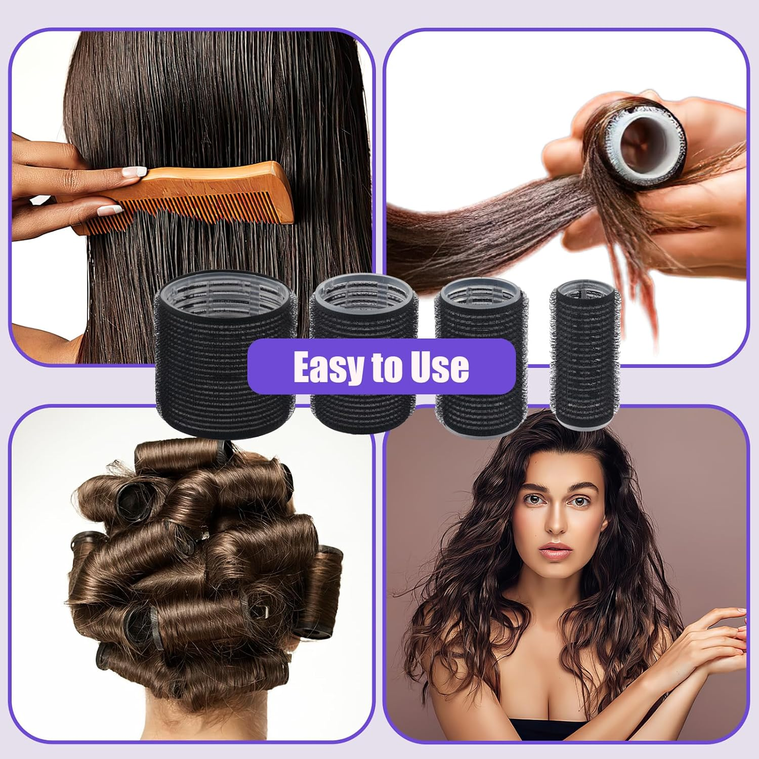 37-Piece Hair Rollers Set, Self-Adhesive Hair Rollers, Black Hair Rollers with 4 Sizes 60 Mm, 48 Mm, 36 Mm, 25 Mm, Jumbo Curlers with 20 Clips and 1 Comb for Long Medium Short Hair image number 5