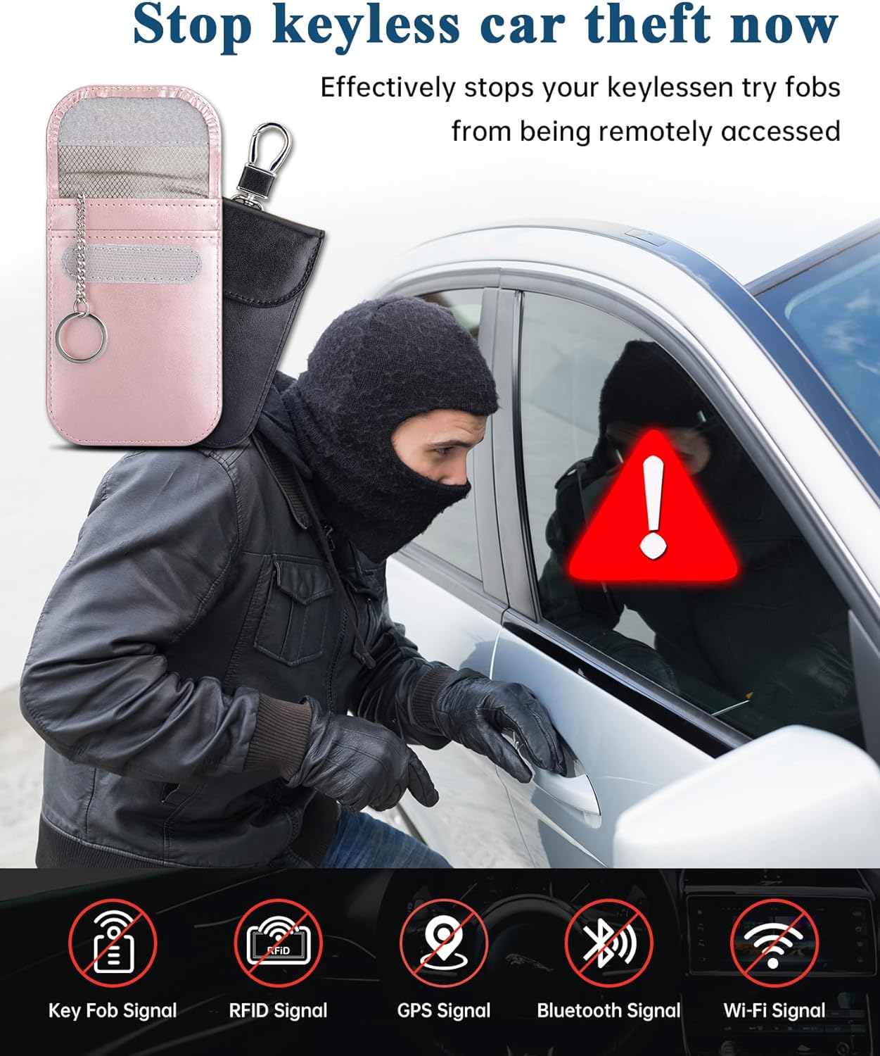 Teskyer Key Fob Protector, 2 Pack of Faraday Bags, Anti-Hacking Faraday Case, Anti-Theft RFID Signal Blocking Pouch for Car Key, Crazy Horse Leather, Black and Rose Gold image number 4