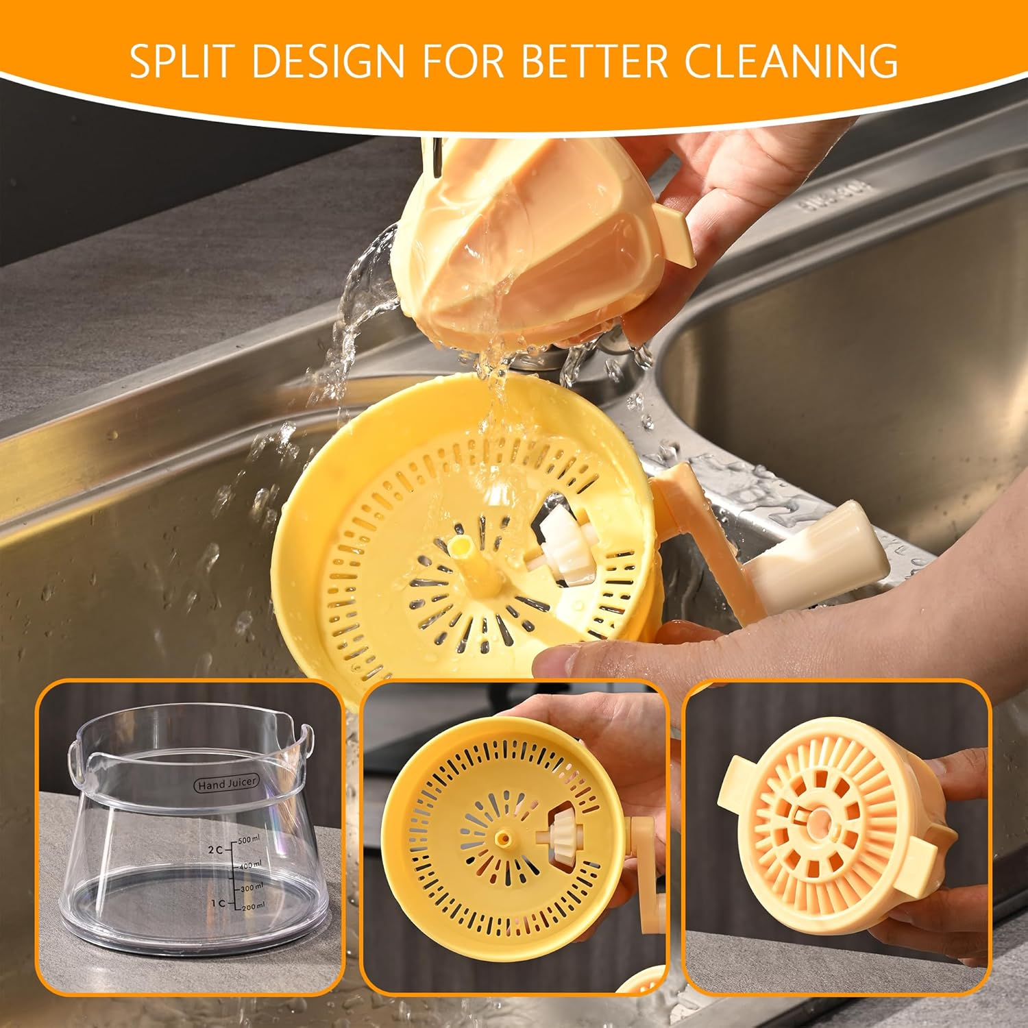 Simple Juicer, Multi-Function Hand Crank Juicer, 2 Cup Capacity, Stable Base, Suitable for Citrus, Lemon, Orange Juicer with Measuring Cup- Yellow image number 3