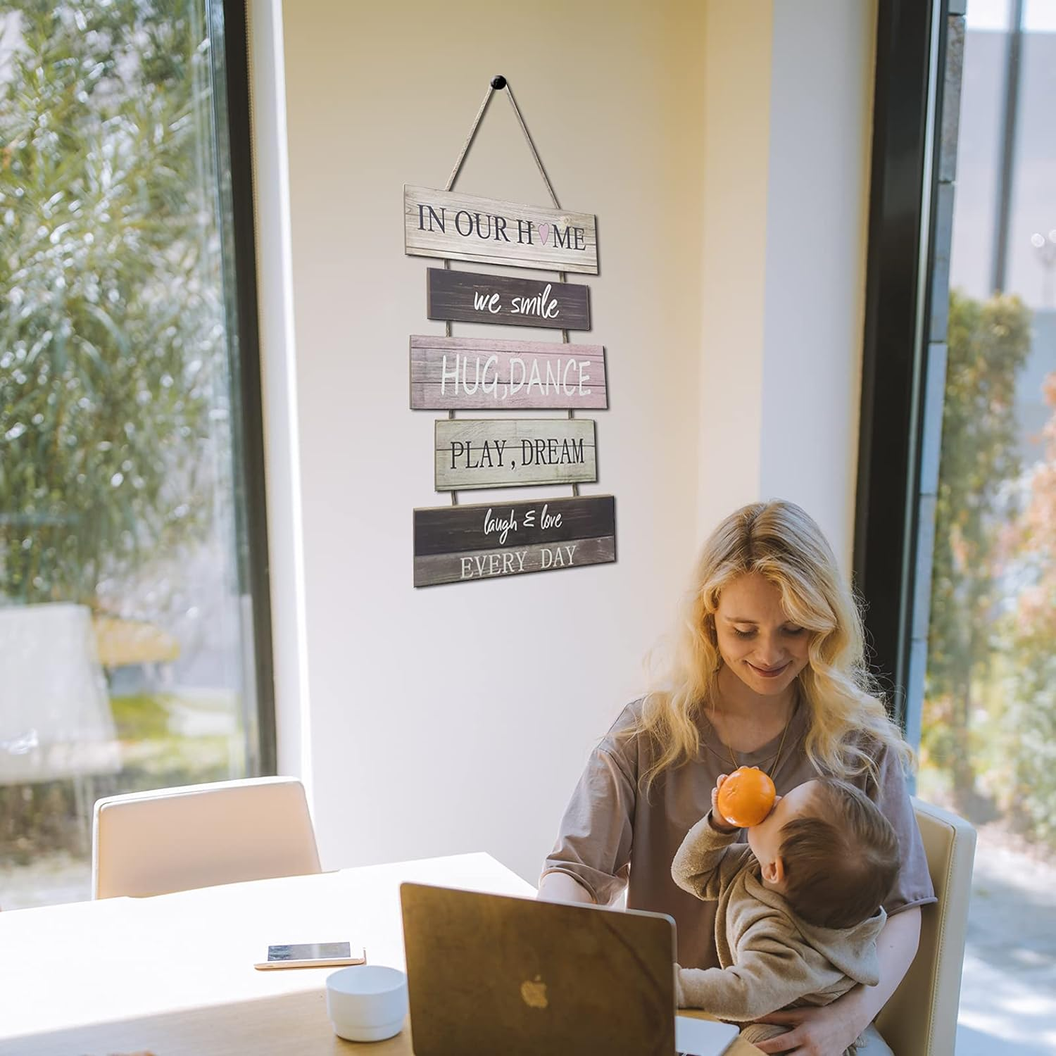 Gywyw Wall Hanging Sign, Rustic Wooden Hanging Welcome Wall Sign Decor, (We Smile, Hug, Play, Dream, Laugh & Love Every Day) - Home Wall Decoration Sign for Living Room, Bedroom, Family, Farmhouse And image number 5