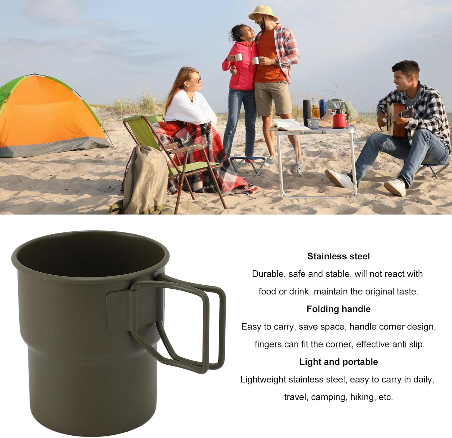 Foldable Handle Coffee Mug, Stainless Steel Camping Mug with Handle, Coffee Camping Mug with Carabiner Handle, Portable Rockclimbing, Hiking, Backpacking or Camping Travel Cup