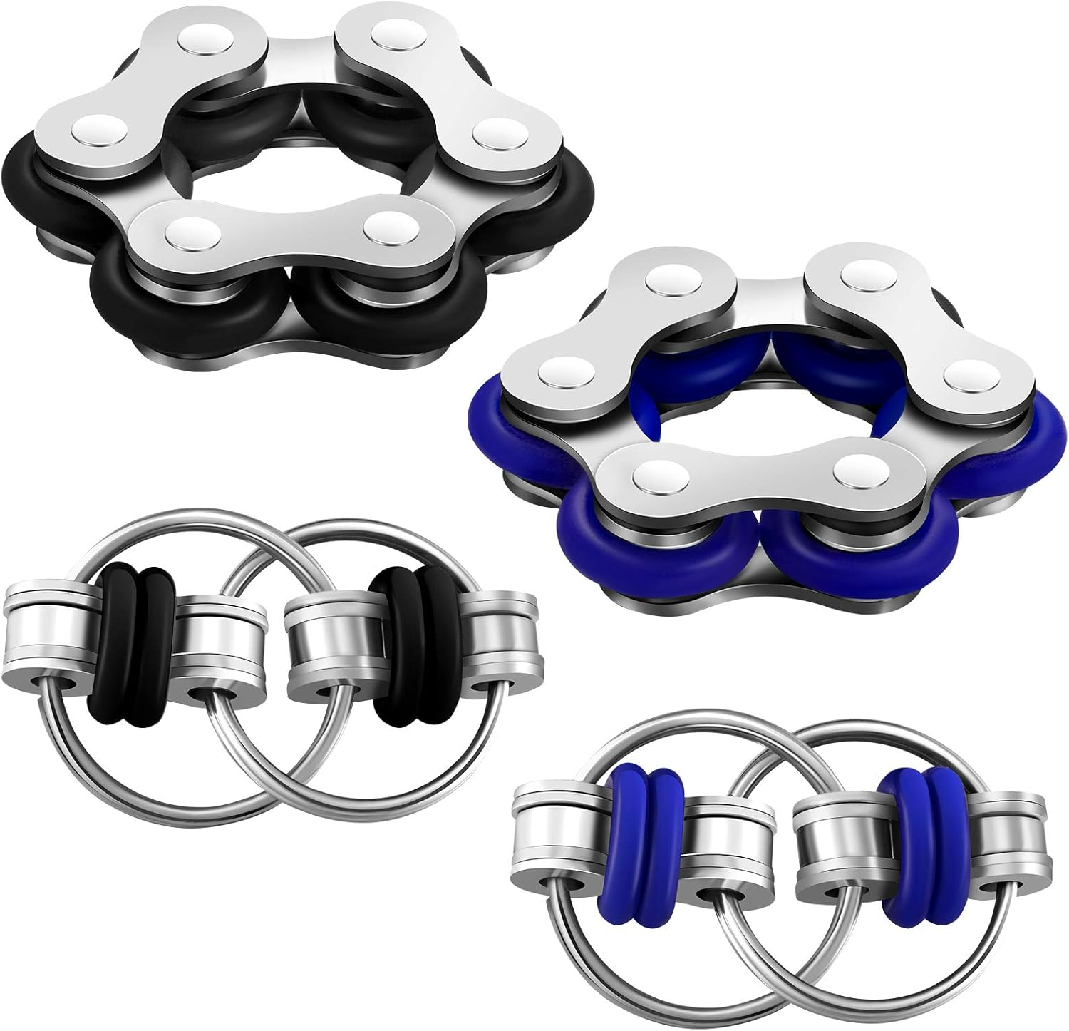 4 Pieces Fidget Toy Set Includes 2 Pieces Key Flippy Chain Stress Reducers and 2 Pieces Six Roller Chain Fidget Toy for Adults and Teens Stress and Anxiety Relief (Blue, Black)