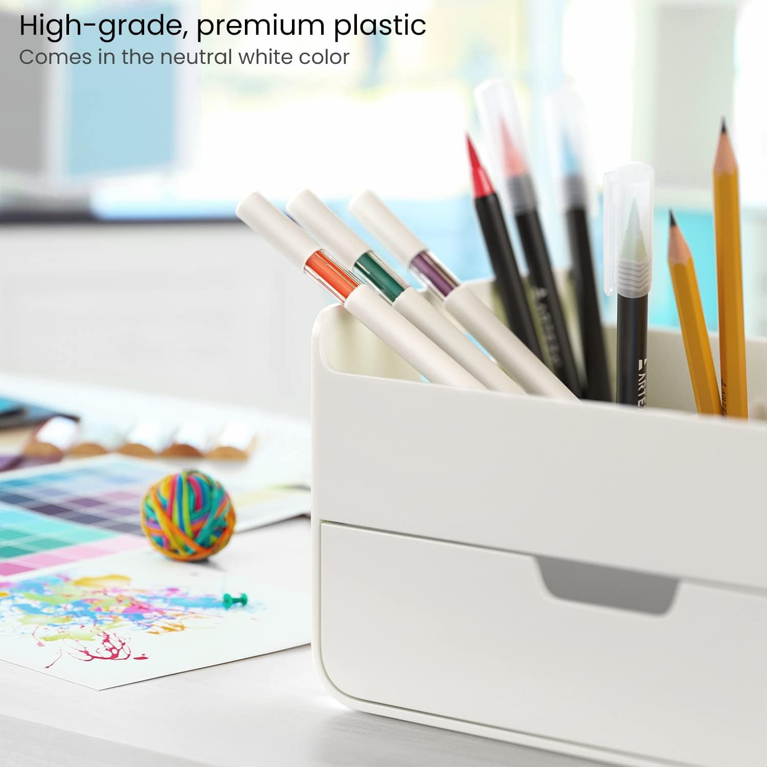 ARTEZA Small Desk Organizer with Drawer &ndash; Portable Dresser & Desk Caddy with Desktop Pen Holder &ndash; Office Desk Accessories &ndash; Lightweight Classroom & Office Organization and Storage, Modern White image number 4