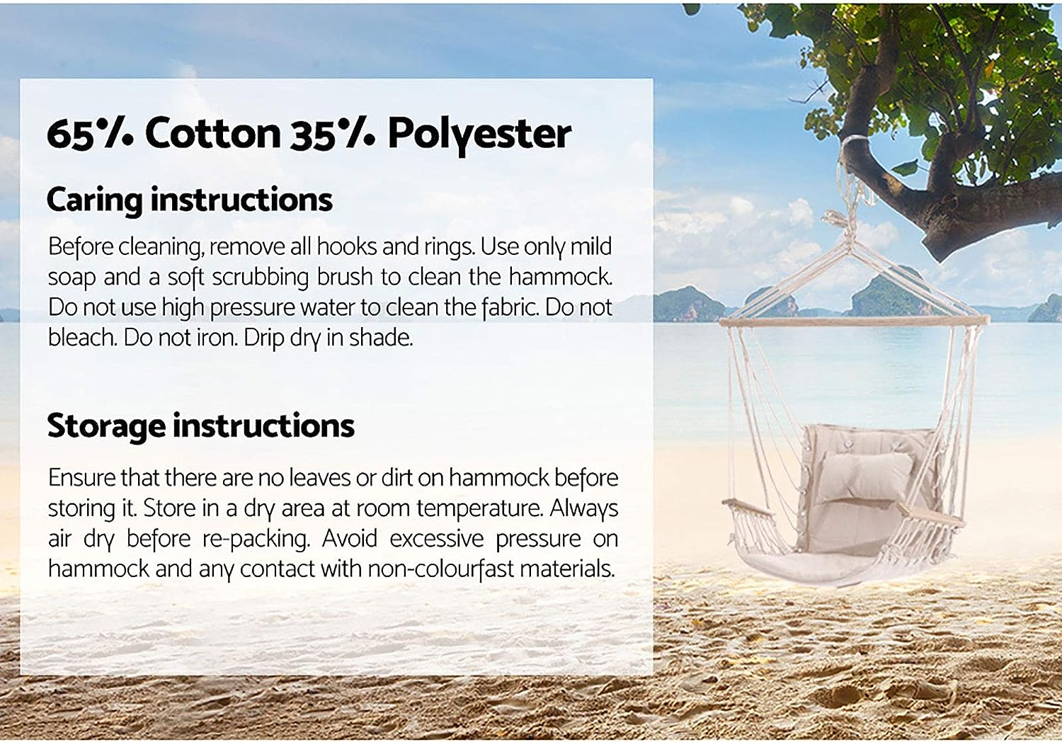 Gardeon Hammock, Cotton Chair Portable Camping Swing Hanging Chairs Hammocks Patio Backyard Porch Outdoor Indoor Furniture, with Solid Timber Armrest 120Kg Capacity Cream image number 4