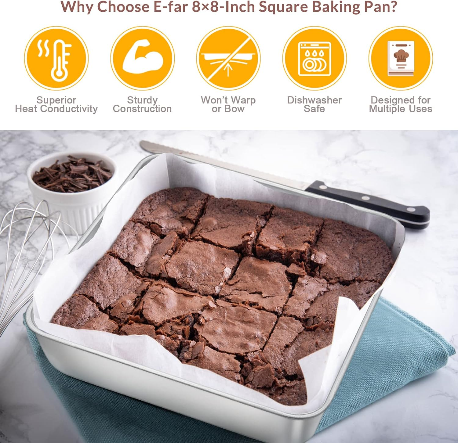 6/8/9-Inch Square Cake Pan Set, E-Far Stainless Steel Square Baking Brownie Pans Metal Bakeware Set of 3, Non-Toxic & Healthy, Easy Clean & Dishwasher Safe image number 4