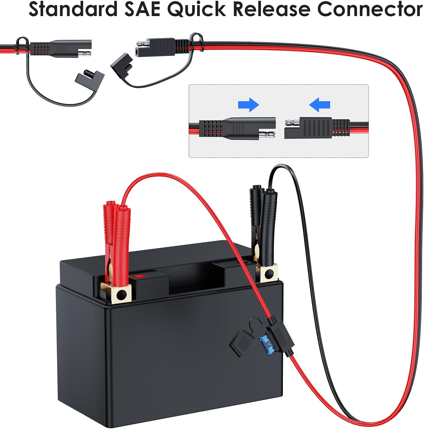 SAE to Alligator Clip Extension Cable Wire, 14AWG 12V-24V SAE Adapter to Alligator Clip Disconnect Cable with Fuse, 2Pin Quick Disconnect Battery Clamp Cable for Battery Charger/Maintainer image number 2