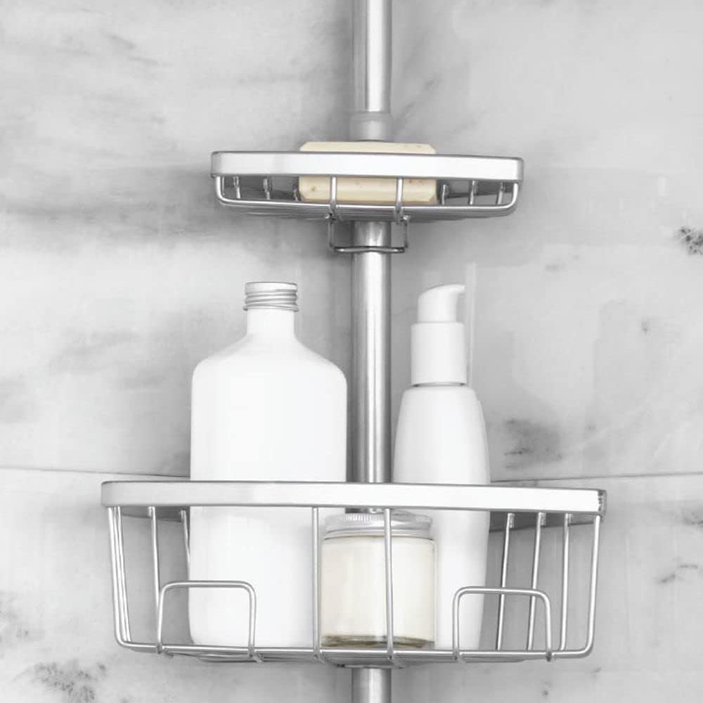 SOQ 4 Tier Shelf Corner Bathtub Shower Caddy Luxury Telescopic Metal Spring Tension Pole, Adjustable 201-266CM (Silver)